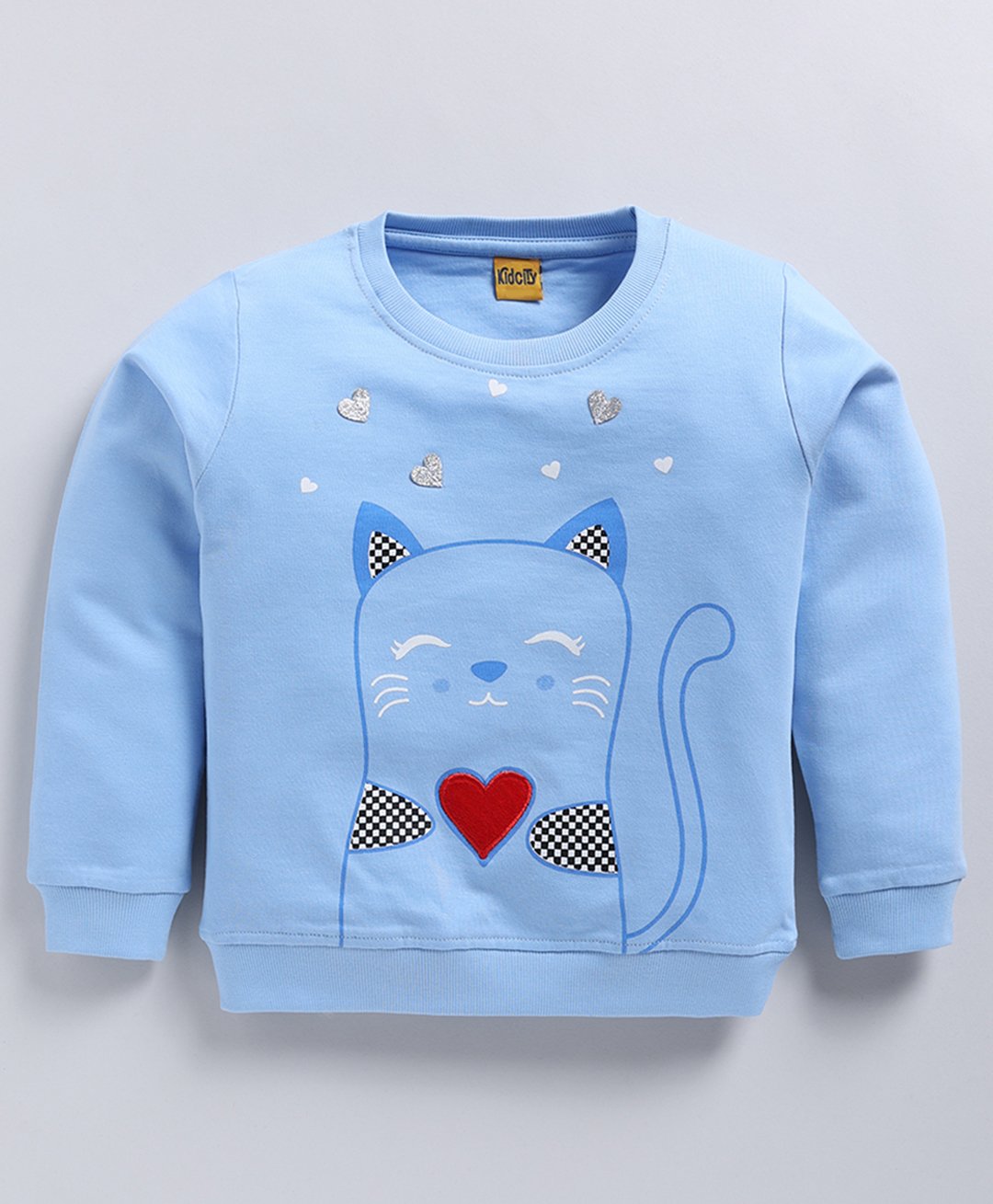 Kidcity Cotton Looper Full Sleeves Cat Printed Sweatshirt - Light Blue-picture-14