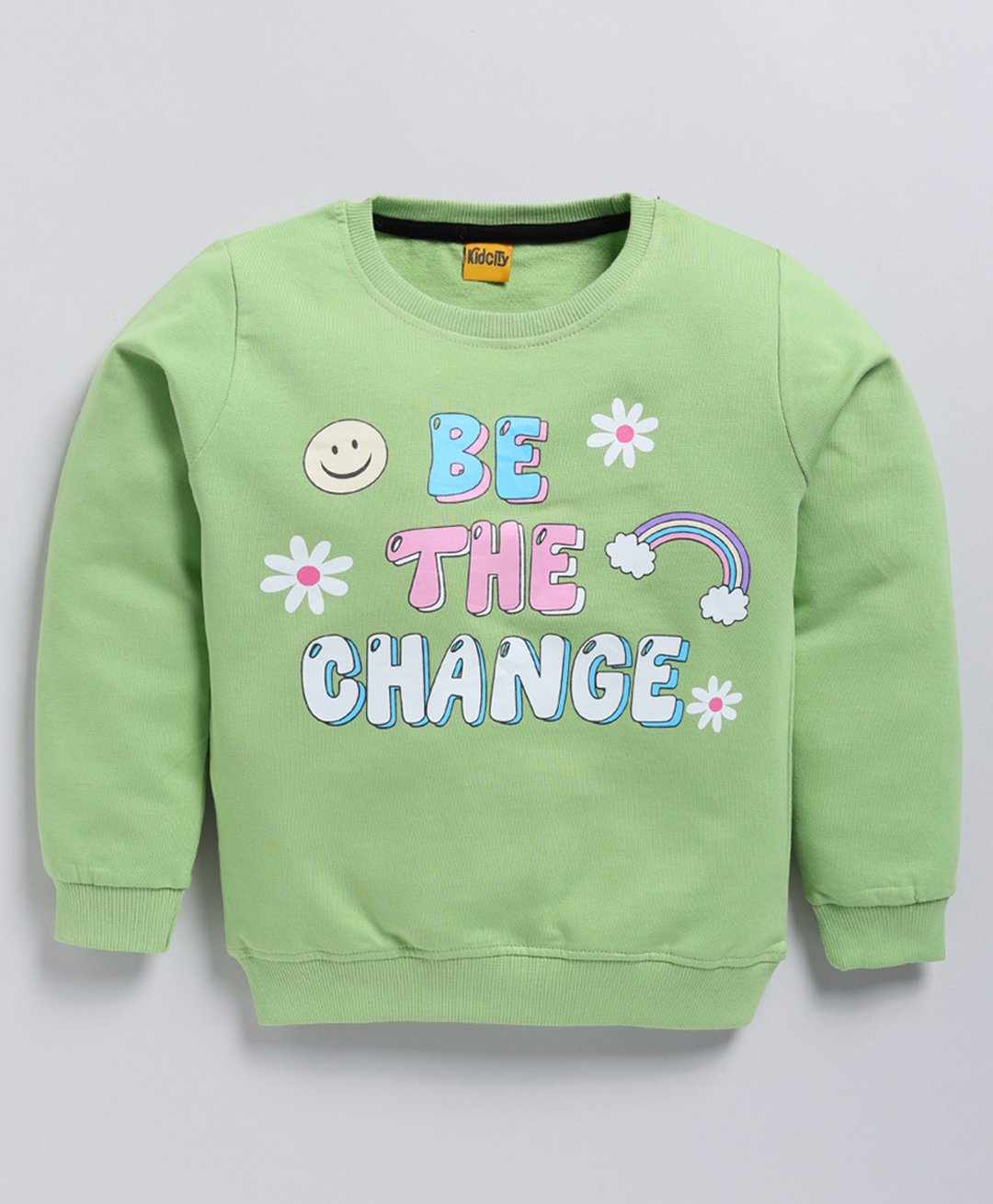 Kidcity Cotton Looper Full Sleeves Be The Change Text Printed Sweatshirt - Green-image-45