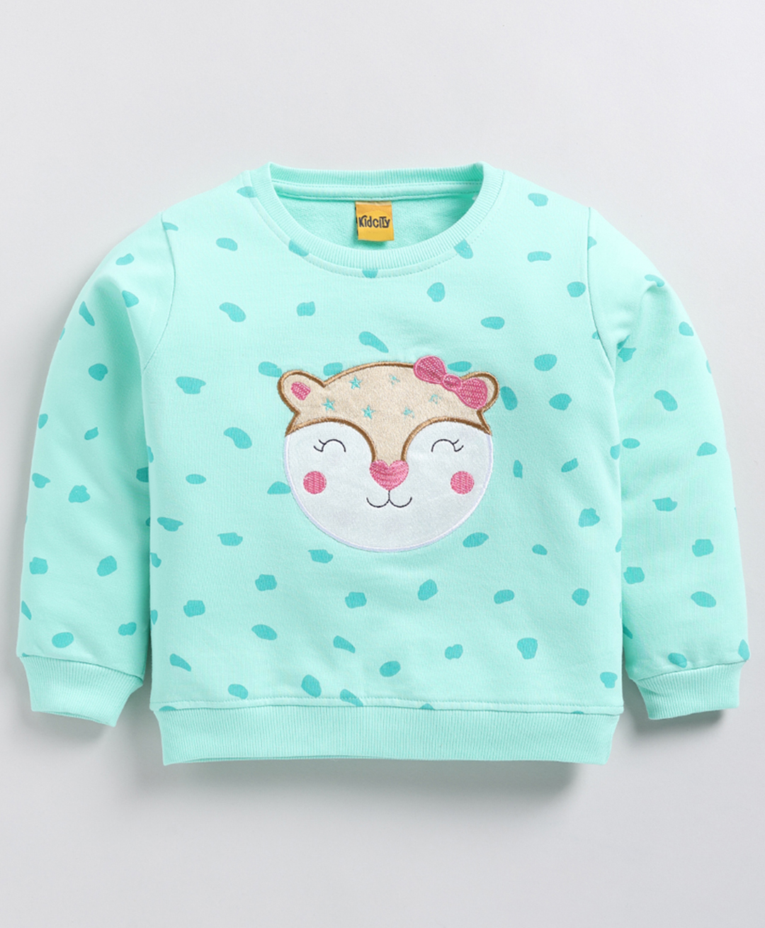 Kidcity Cotton Looper Full Sleeves Animal Face Embroidered Sweatshirt - Mint-picture-16