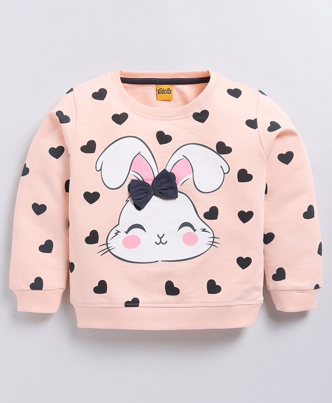 Kidcity Cotton Looper Full Sleeves Hearts Printed & Bow Applique Detailed Sweatshirt - Light Peach-picture-21