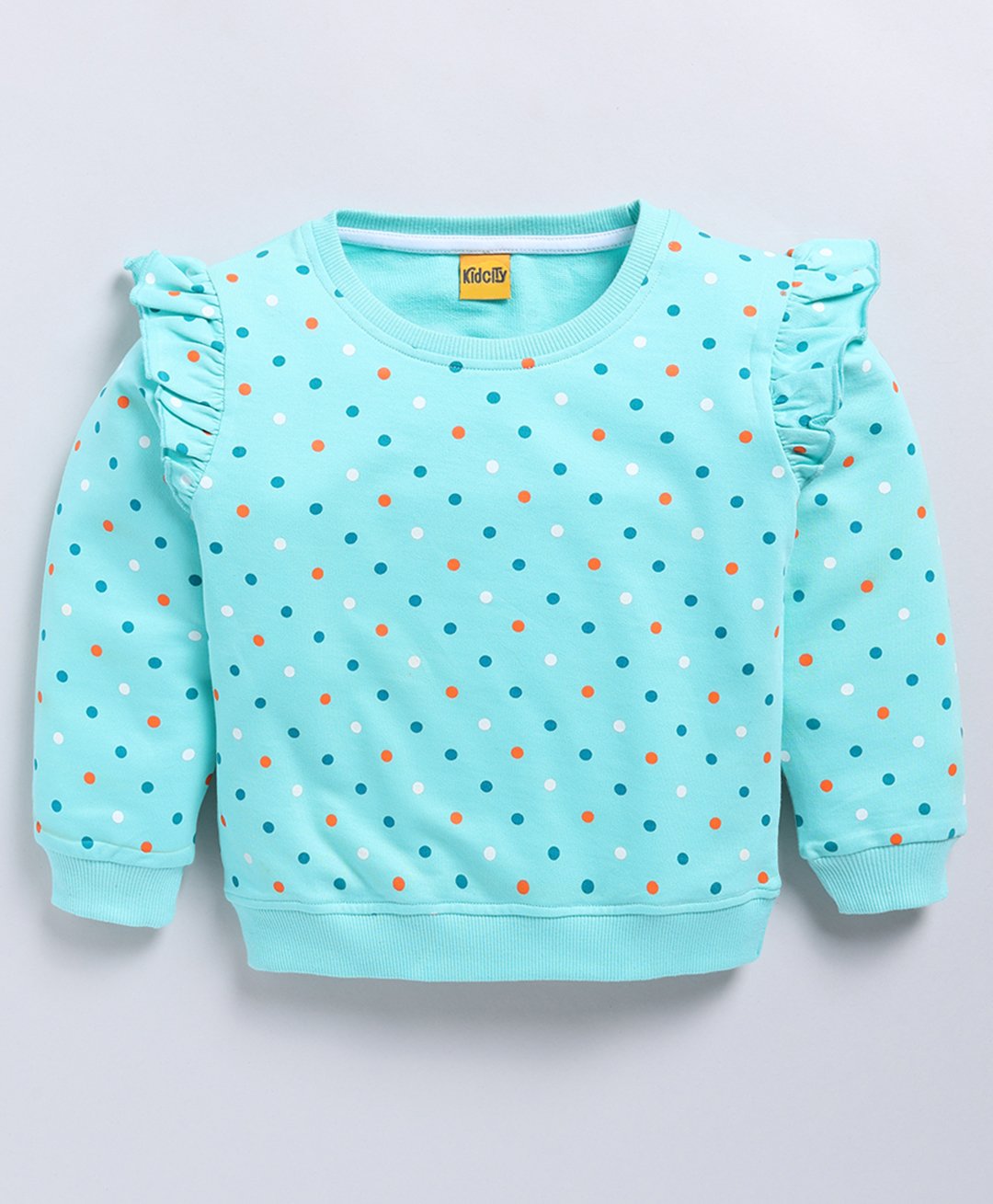 Kidcity Cotton Looper Full Sleeves Polka Dots Printed & Frill Detailed Sweatshirt - Light Blue-picture-21