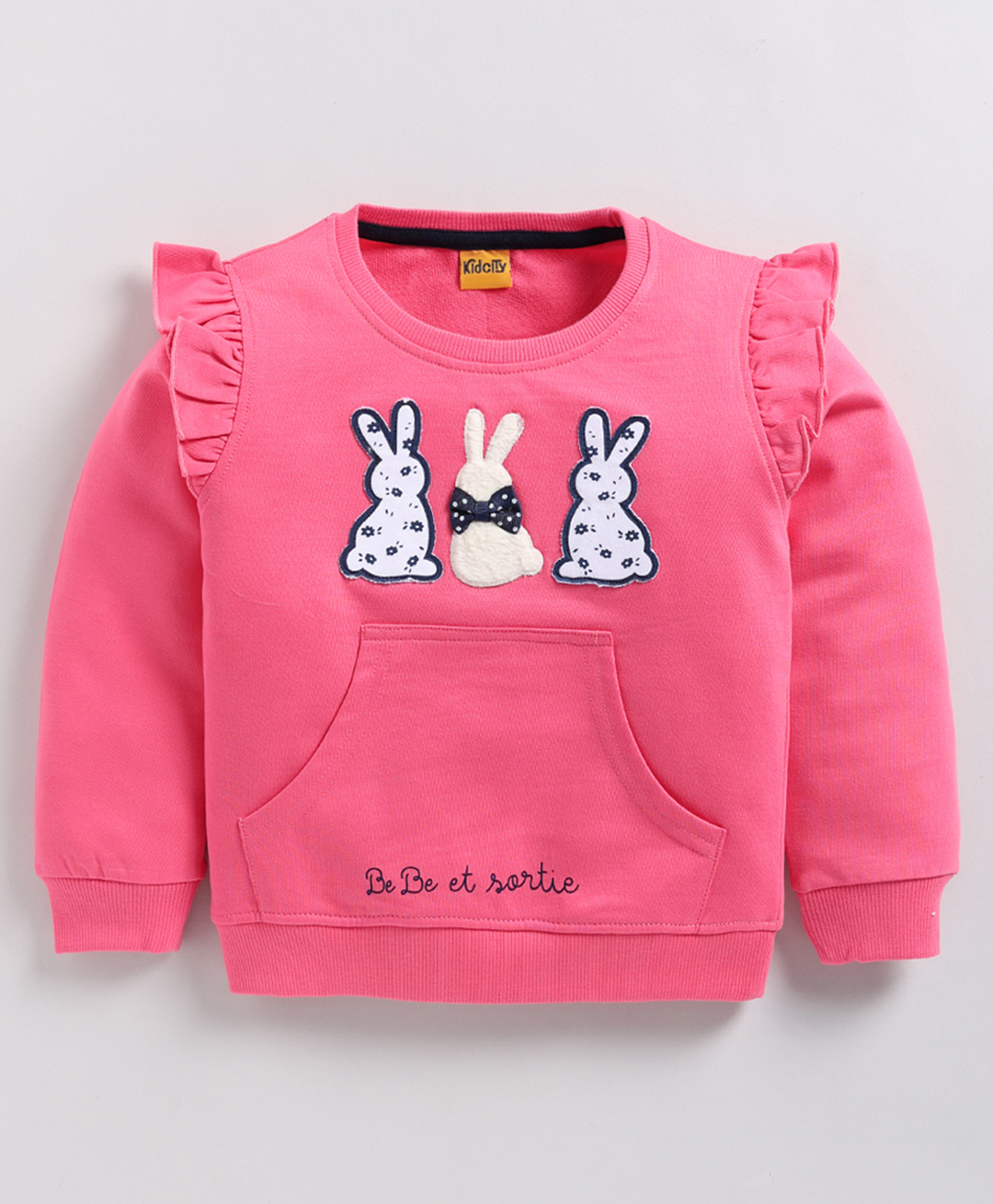 Kidcity Cotton Looper Full Sleeves Bunny Patch & Frill Detailed Sweatshirt - Deep Pink-picture-25