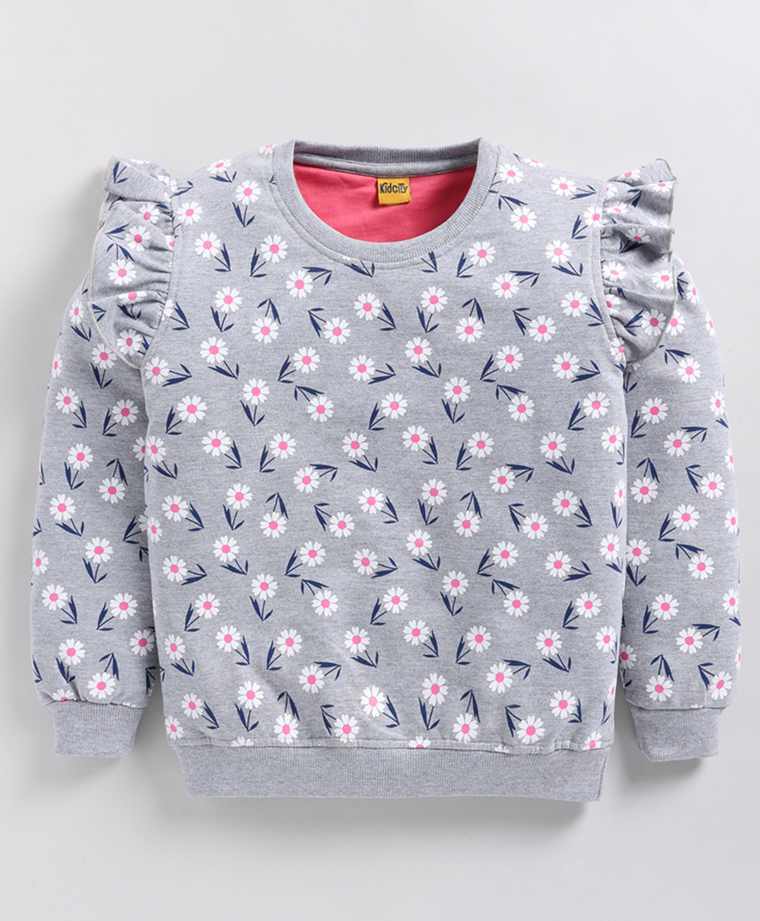 Kidcity Full Sleeves Frill Detailed Floral Printed Sweatshirt - Light Melange-image-15
