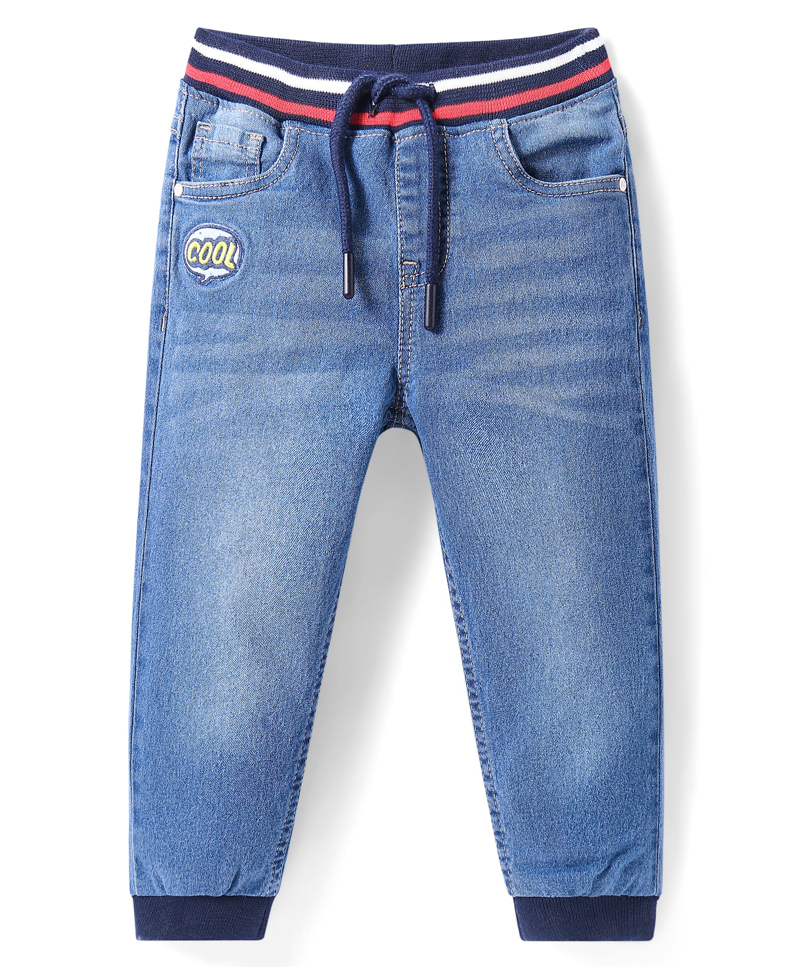 Babyhug Full Length Washed Denim Jeans With Stretch & Text Embroidery - Light Blue-picture-29