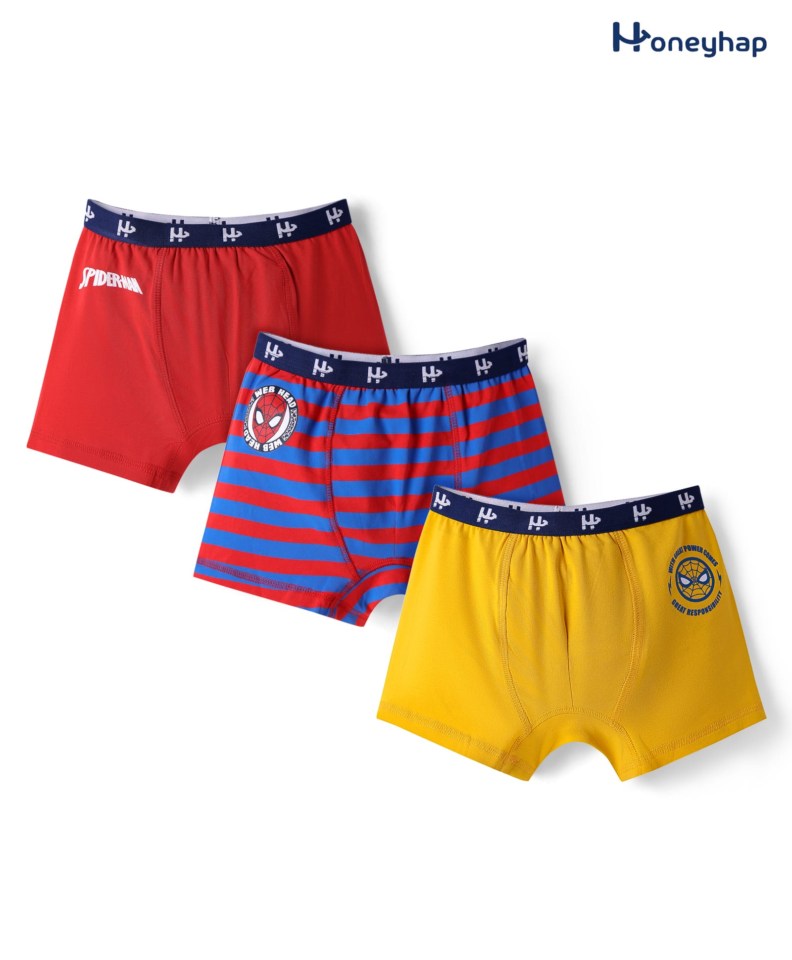 Honeyhap Marvel Cotton Lycra Knit Trunks With Spiderman Graphics Pack of 3 - Red Blue & Yellow-picture-26