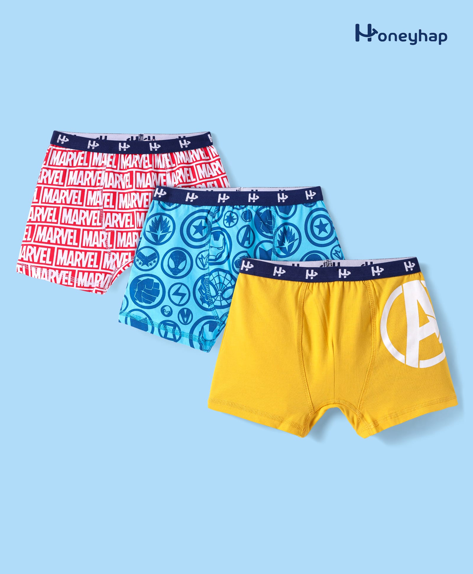 Honeyhap Marvel Cotton Knit Trunks With Avengers Graphic Pack Of 3 - Light Blue Yellow & Red-image-45