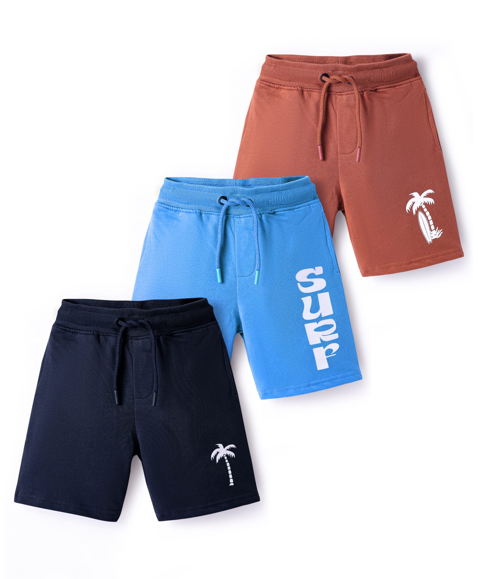 Primo Gino 100% Cotton Knit Knee Length Shorts With Beach Theme Print Pack Of 3 - Blue Brown & Navy Blue-picture-14
