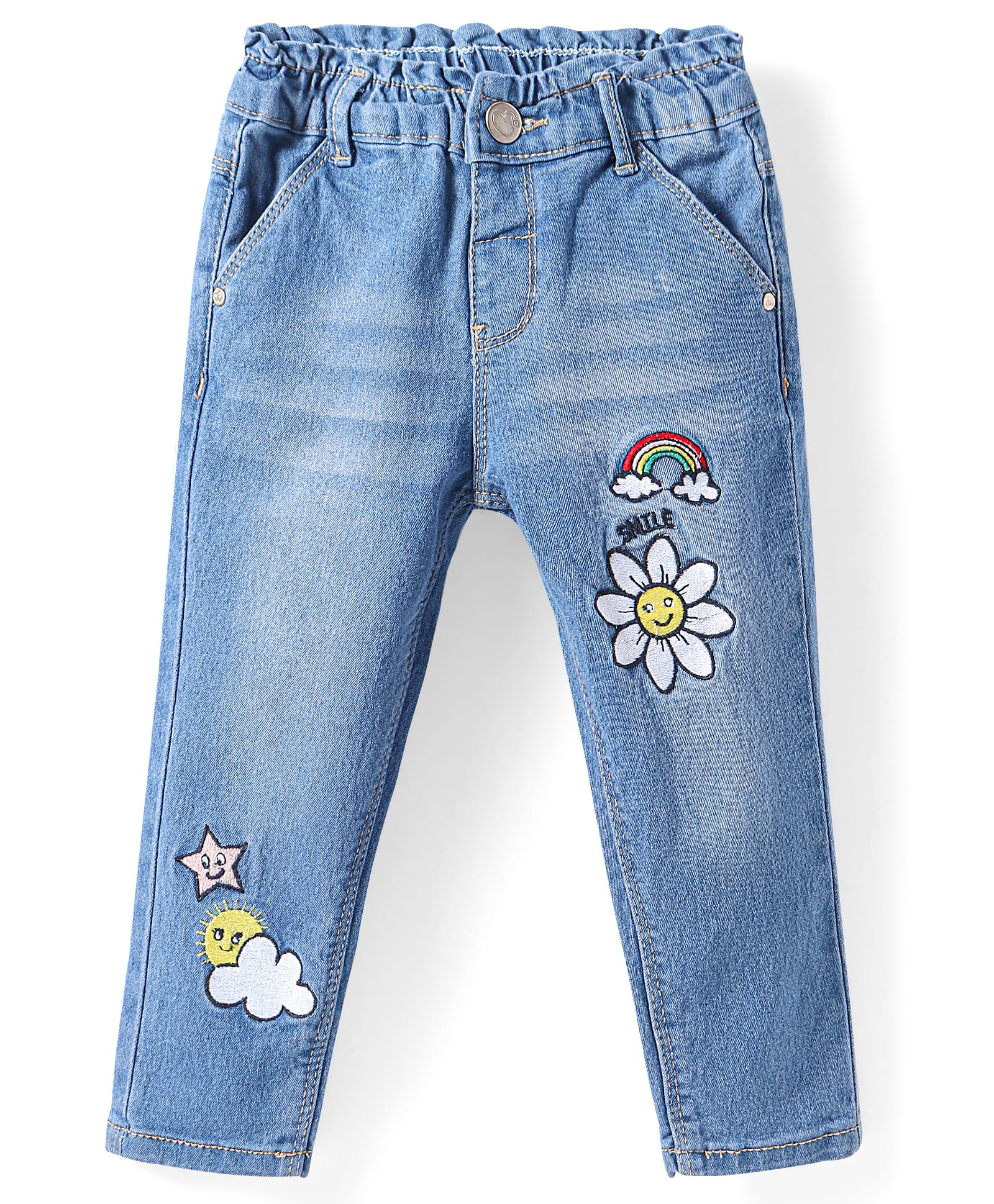 Babyhug Full Length Washed Denim Jeans with Stretch & Sun Embroidery - Light Blue-picture-13