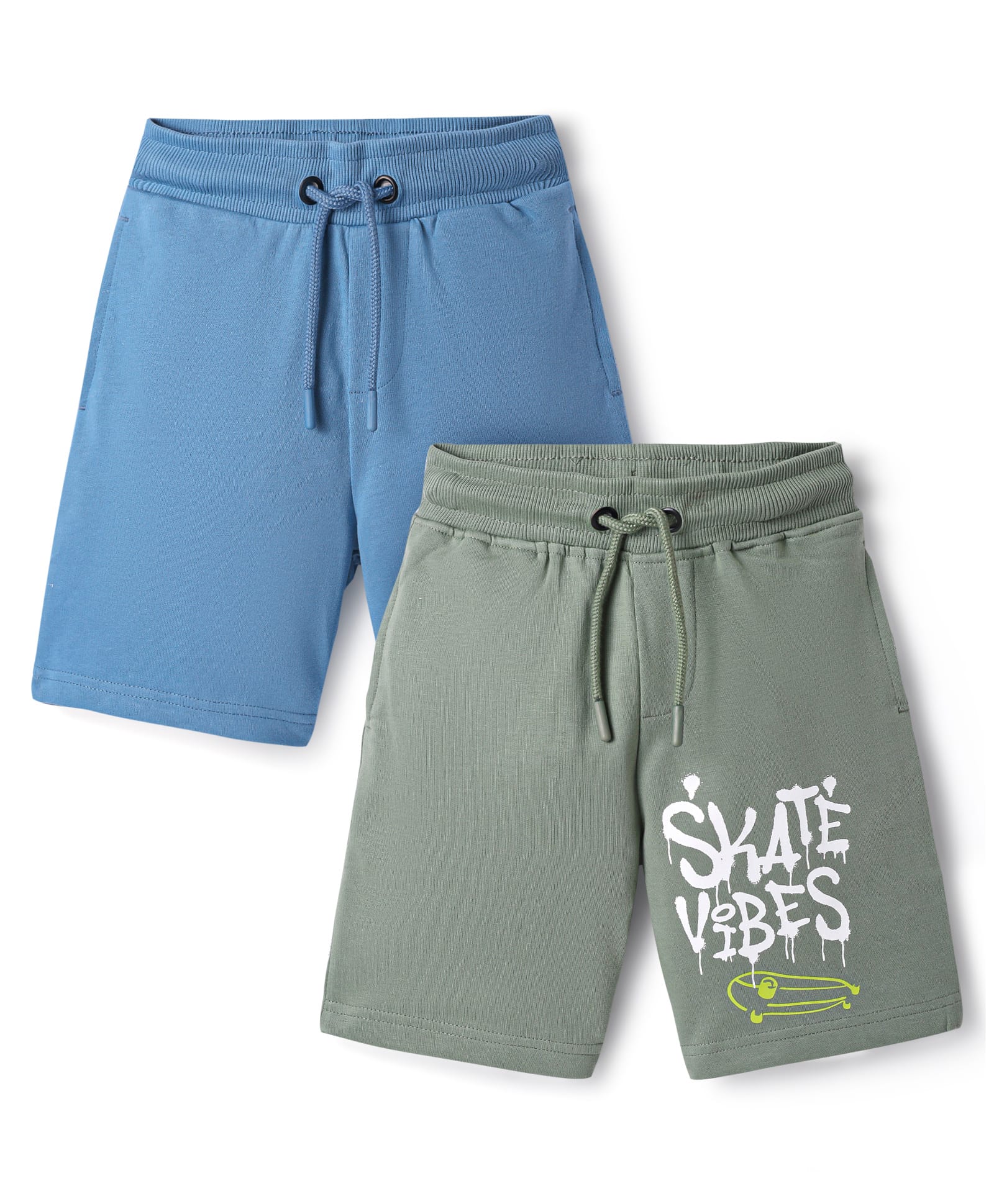 Primo Gino 100% Cotton Knit Knee Length Shorts With Skating Print Pack Of 2 - Blue & Green-picture-12