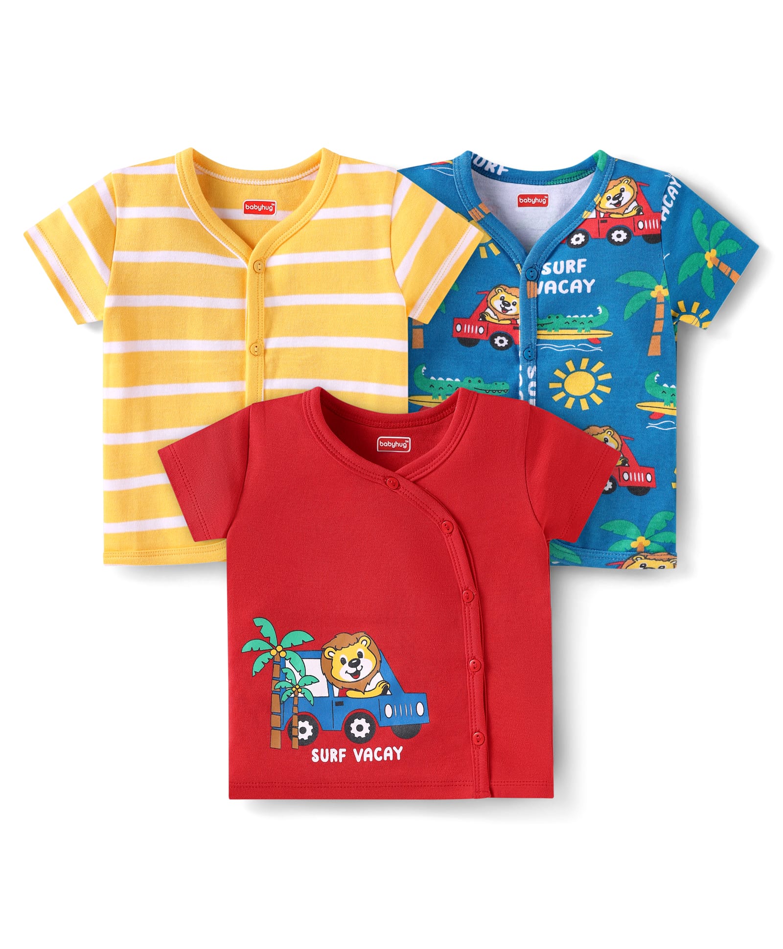 Babyhug Interlock Knit Half Sleeves Anitbacterial Open Vest With Striped & Vehicle Print Pack of 3 - Yellow Red & Blue-image-29