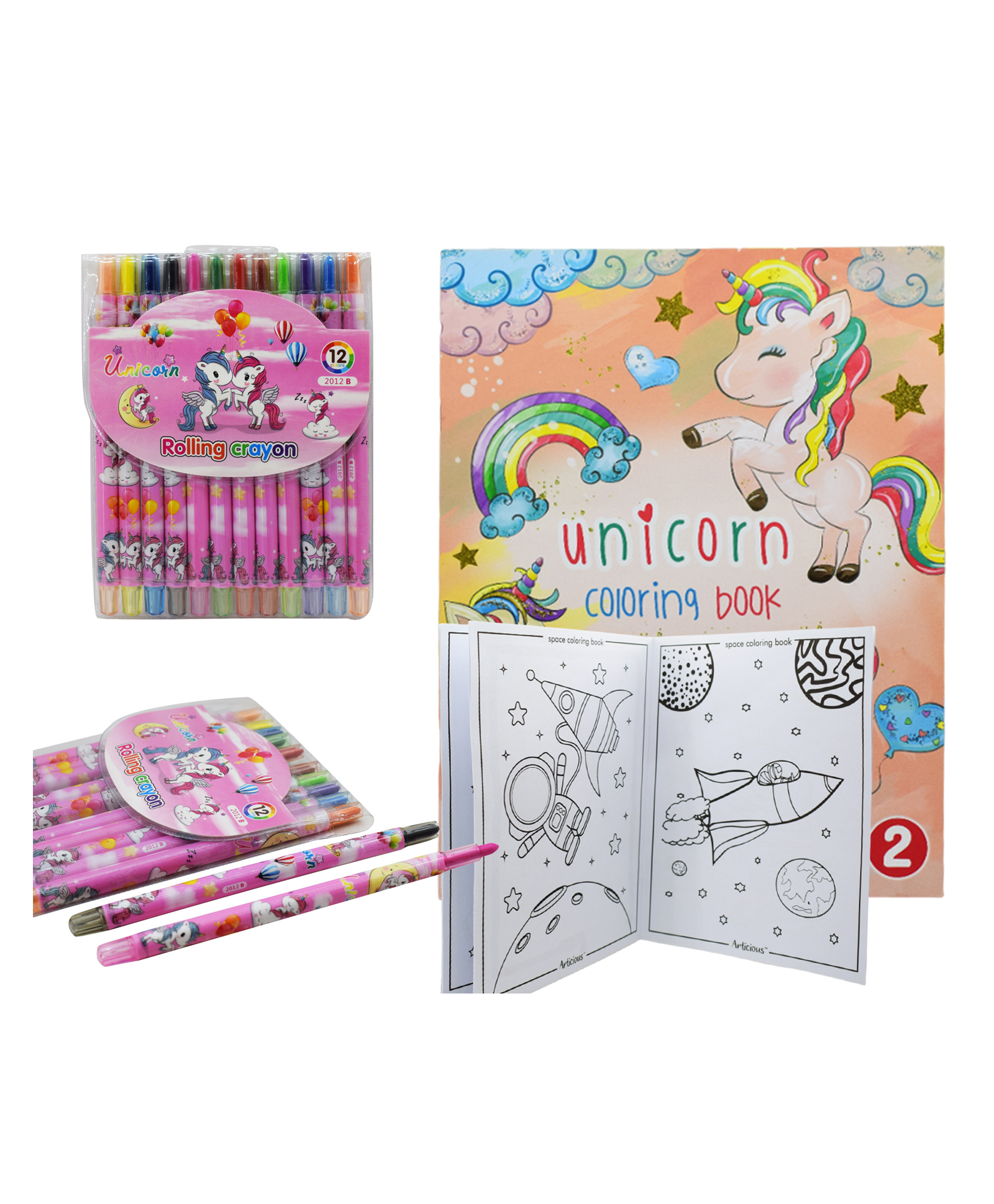 asera Unicorn Coloring Book with Rolling Crayons for Kids Ages 4-8 Year Old Party Favor Magical Coloring & Drawing Books for Girls Children's Coloring Book (Space -Coloring Book + Rolling Crayons)-24 Pages-picture-2