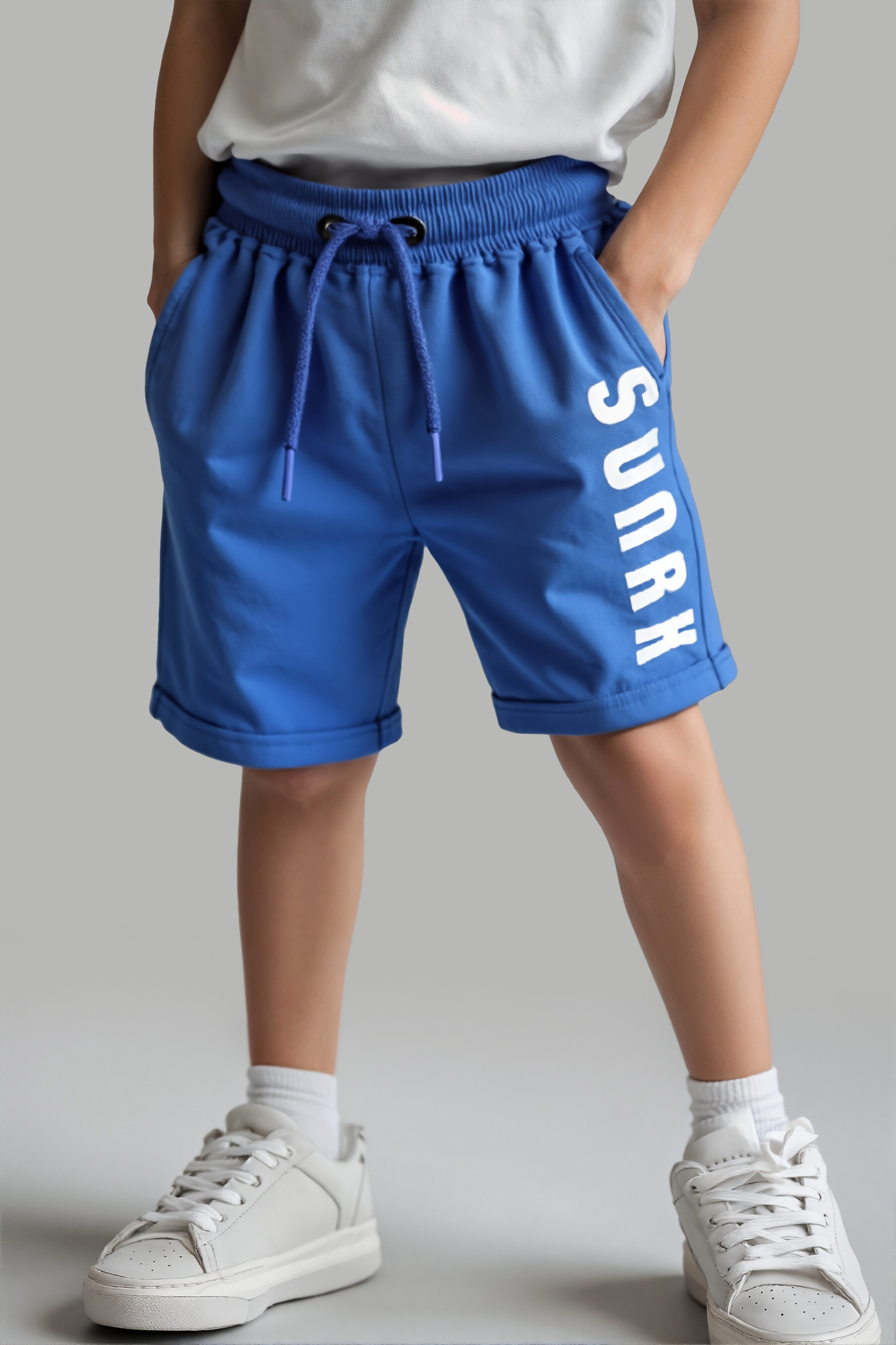 Primo Gino 100% Cotton Knit Knee Length Shorts With Text Print - Blue-picture-20