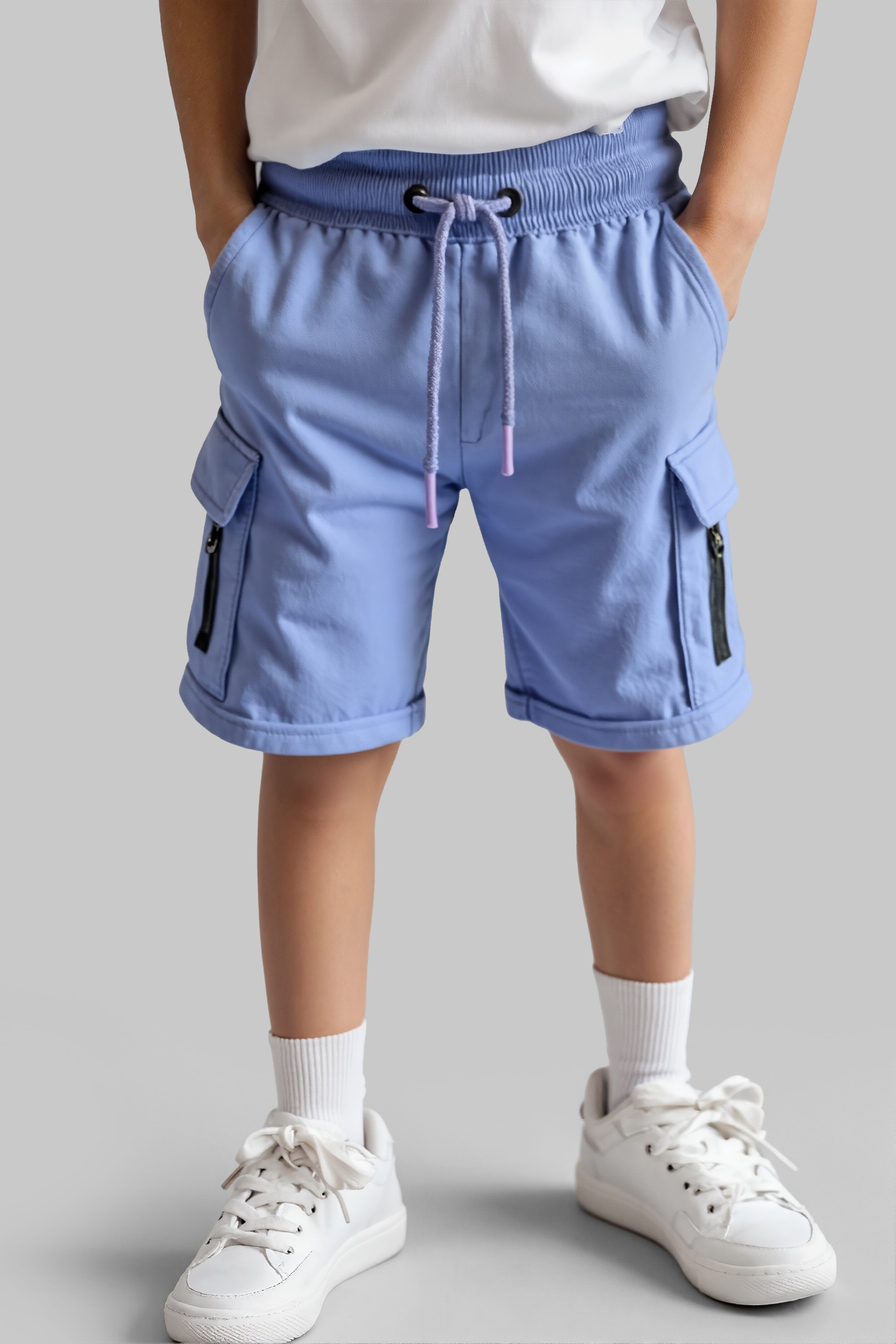 Primo Gino 100% Cotton Knee Length Solid Color Cargo Short- Blue-picture-31