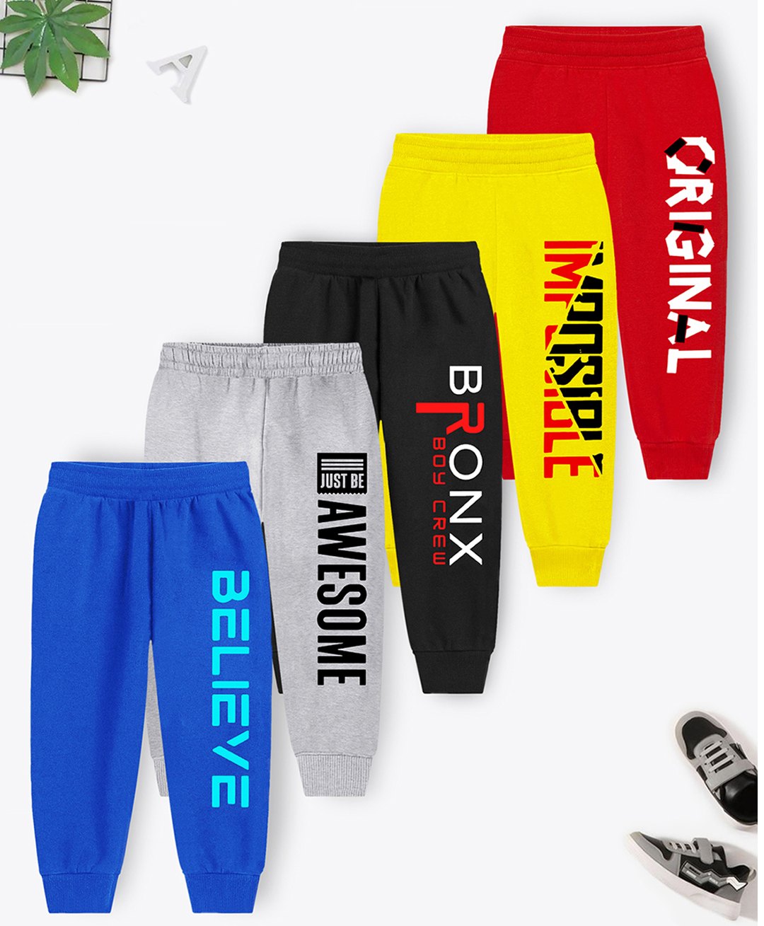 Trampoline Cotton Blend Pack Of 5 Awesome & Believe Text Printed Pajamas - Multi Colour-picture-23