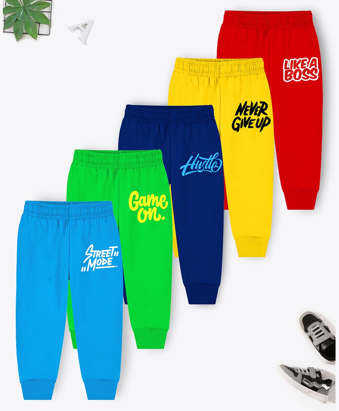 Trampoline Cotton Blend Pack Of 5 Hustle & Never Give Up Text Printed Pajamas - Multi Colour-picture-20