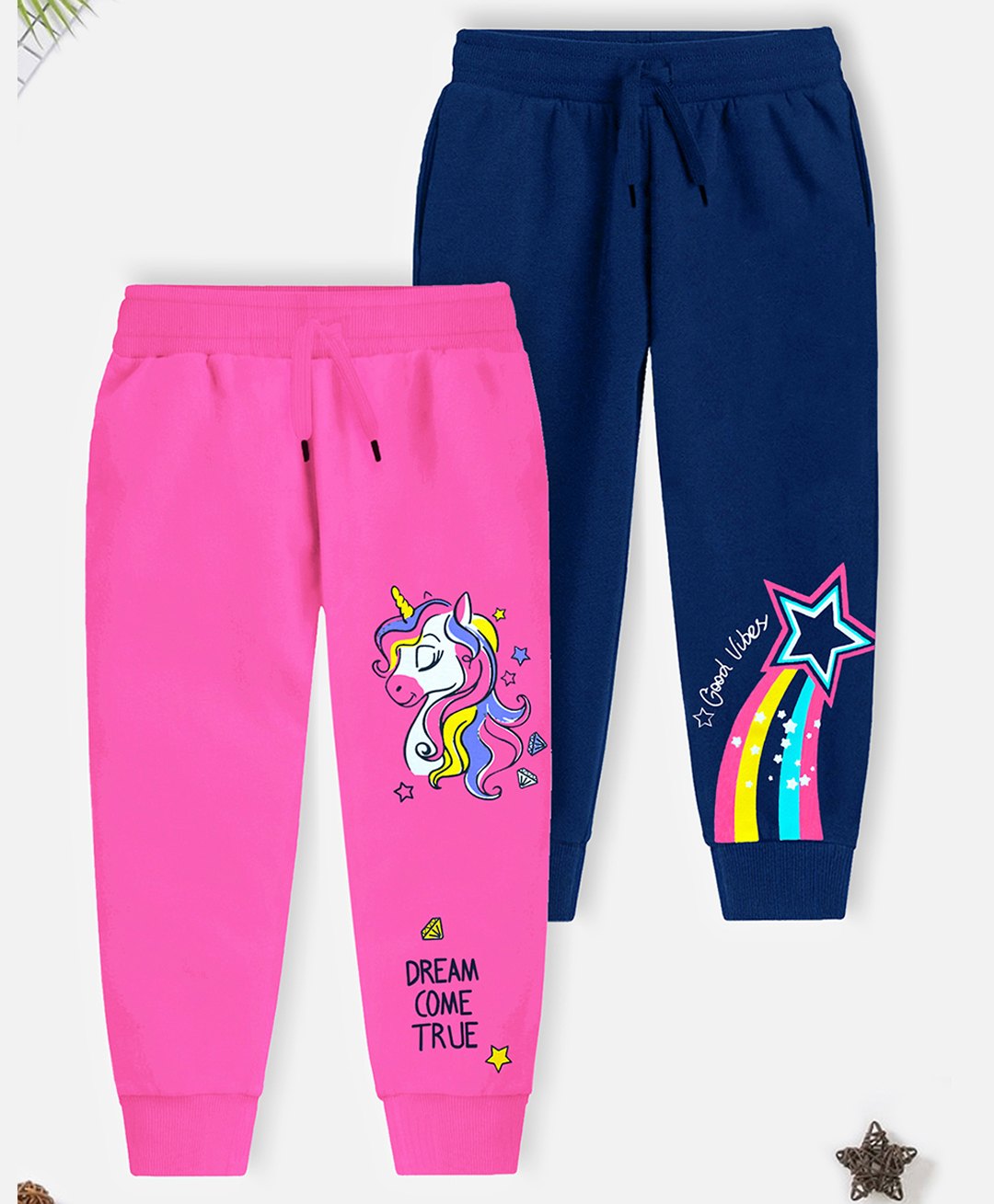 Trampoline Cotton Blend Pack Of 2 Unicorn & Shooting Star Printed Track Pants - Blue & Pink-picture-27