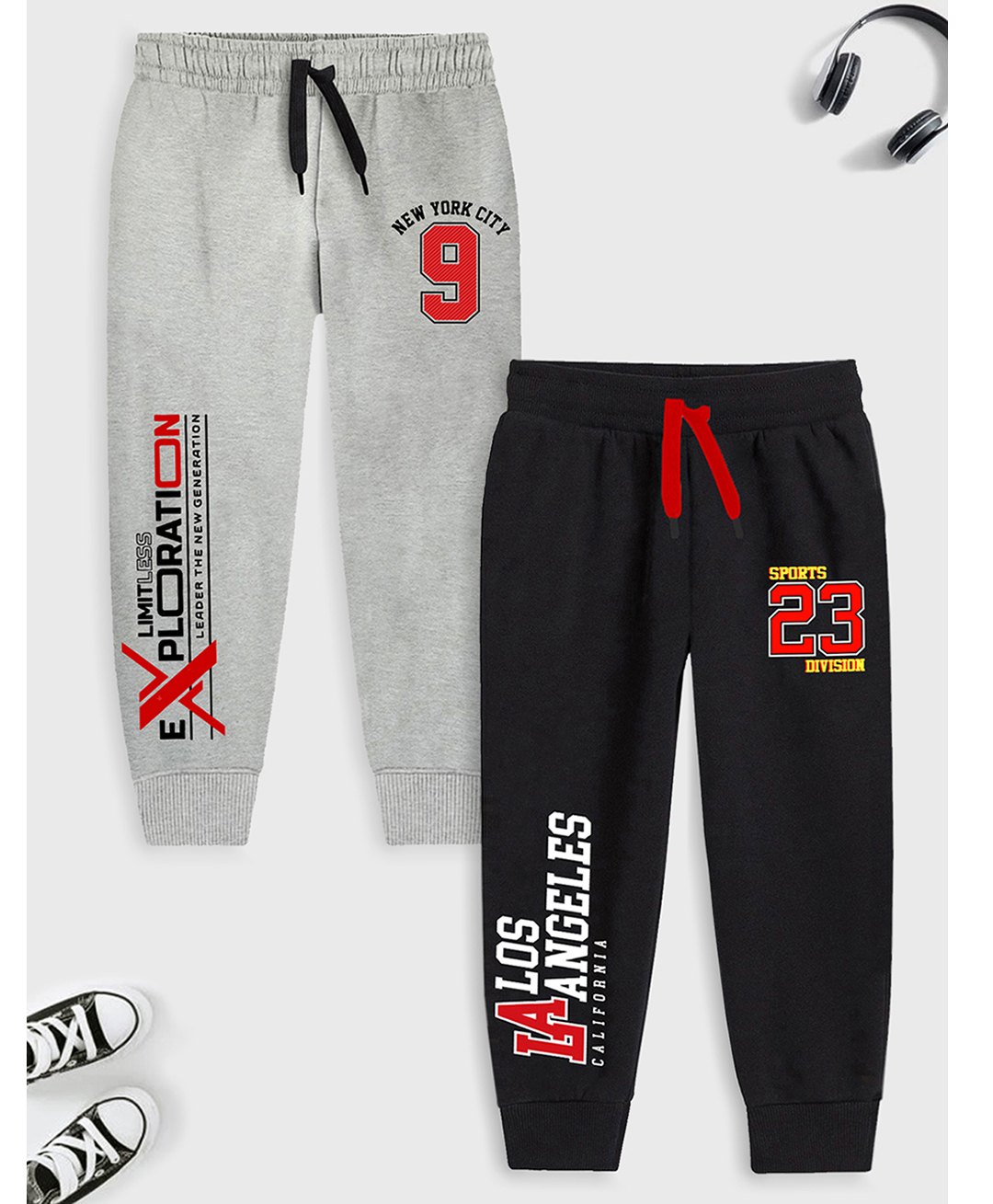 Trampoline Cotton Blend Pack Of 2 Typography Printed Track Pants - Grey & Black-picture-23