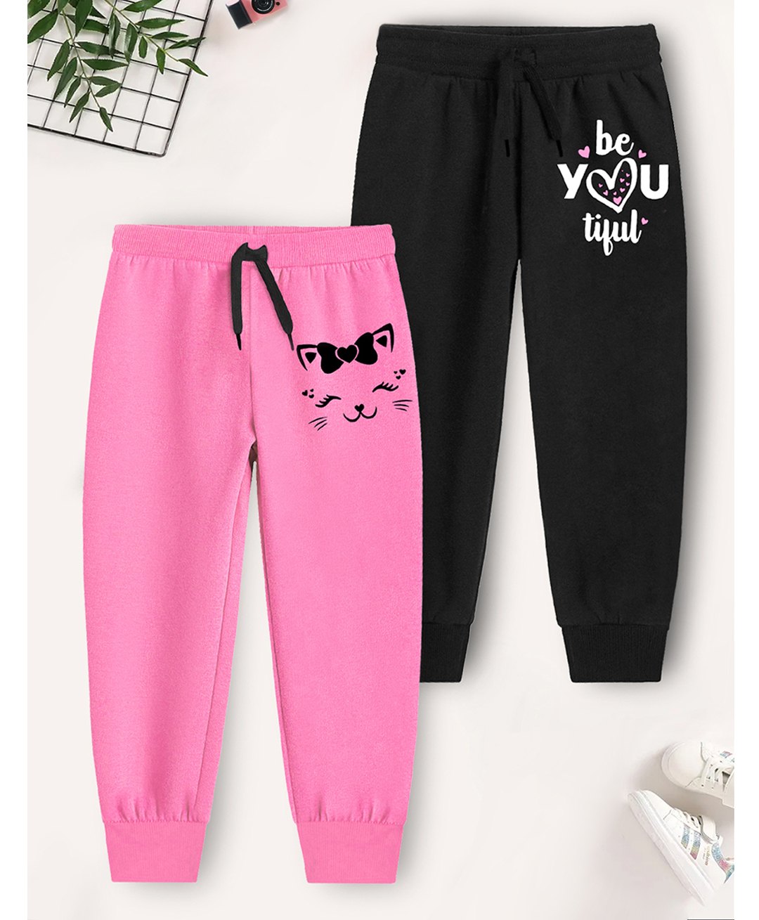 Trampoline Cotton Blend Pack Of 2 Be You Tiful Text & Cat Printed Track Pants - Pink & Black-picture-12