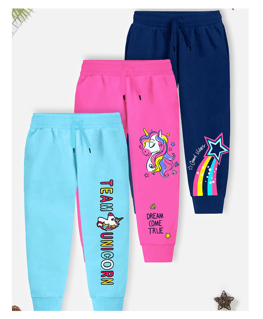 Trampoline Cotton Blend Pack Of 3 Unicorns Printed Track Pants - Sky Blue Pink & Blue-image-23