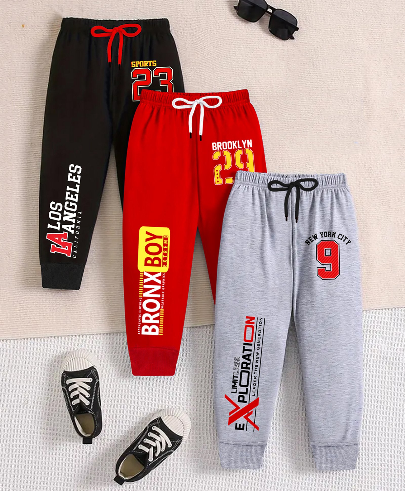 Trampoline Cotton Blend Pack Of 3 Bronx Boy & Los Angeles Text Printed Track Pants - Black Grey & Red-picture-12