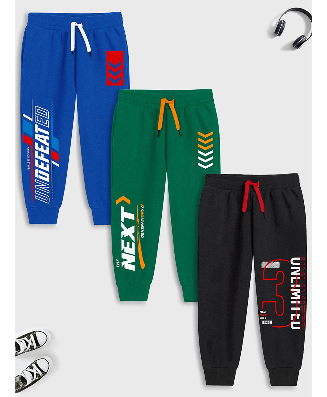 Trampoline Cotton Blend Pack Of 3 Next & Unlimited Text Printed Track Pants - Blue Green & Black-picture-12