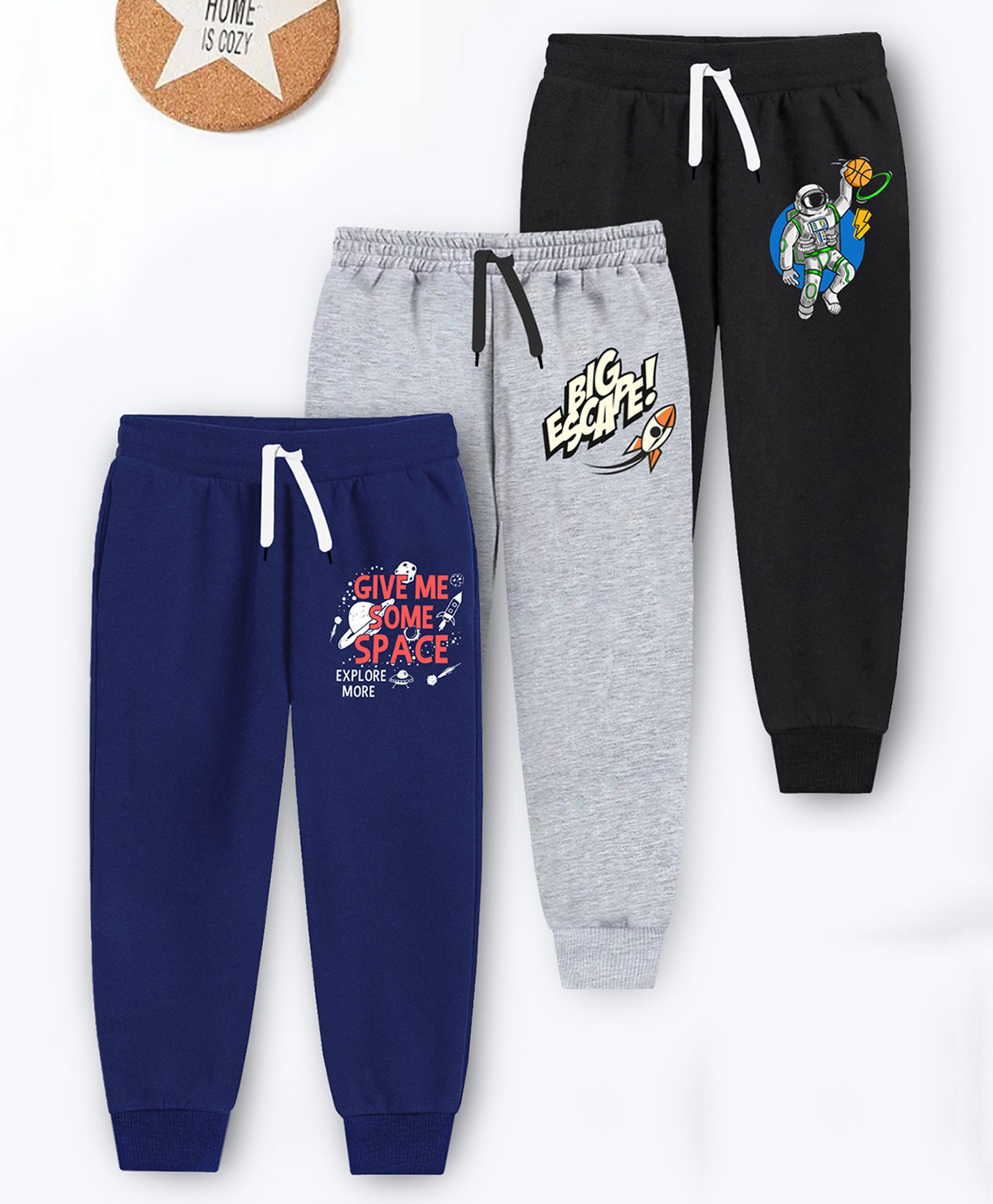 Trampoline Cotton Blend Pack Of 3 Space Printed Track Pants - Blue Grey & Black-picture-38
