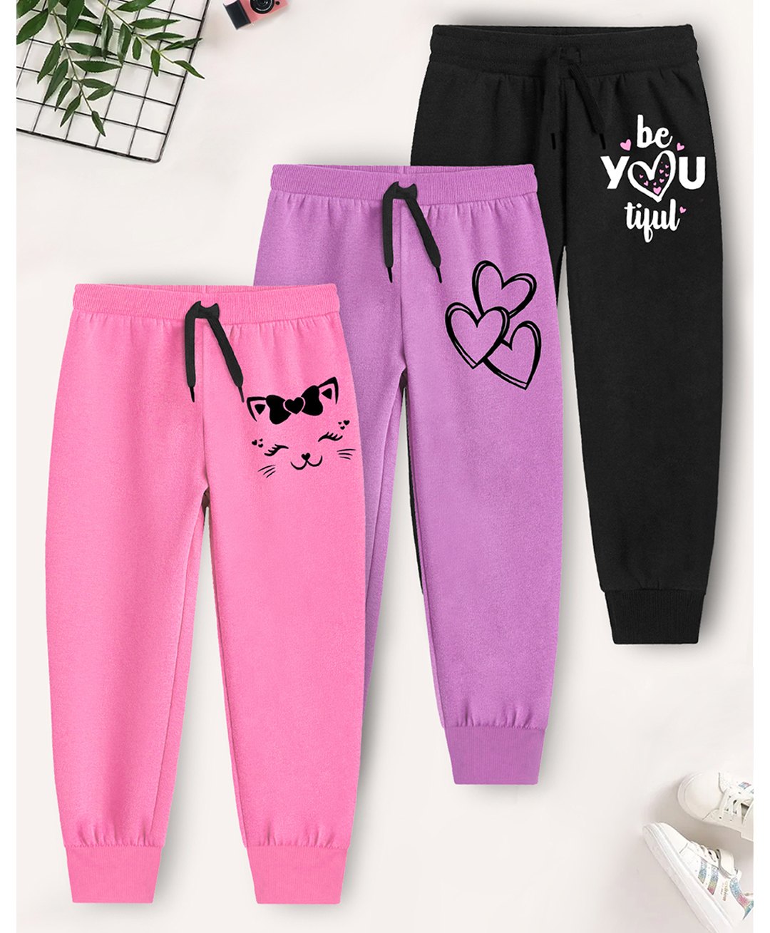 Trampoline Pack Of 3 Heart & Cat Printed Track Pants - Black Pink & Purple-image-19