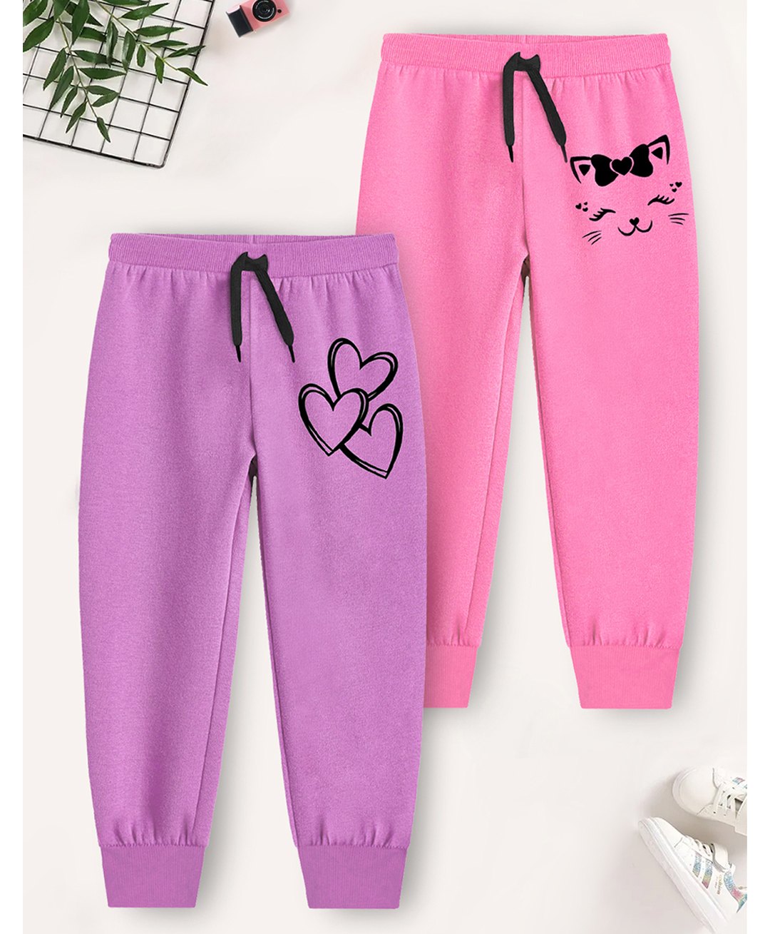 Trampoline Pack Of 2 Cat & Heart Printed Track Pants - Pink & Purple-picture-11