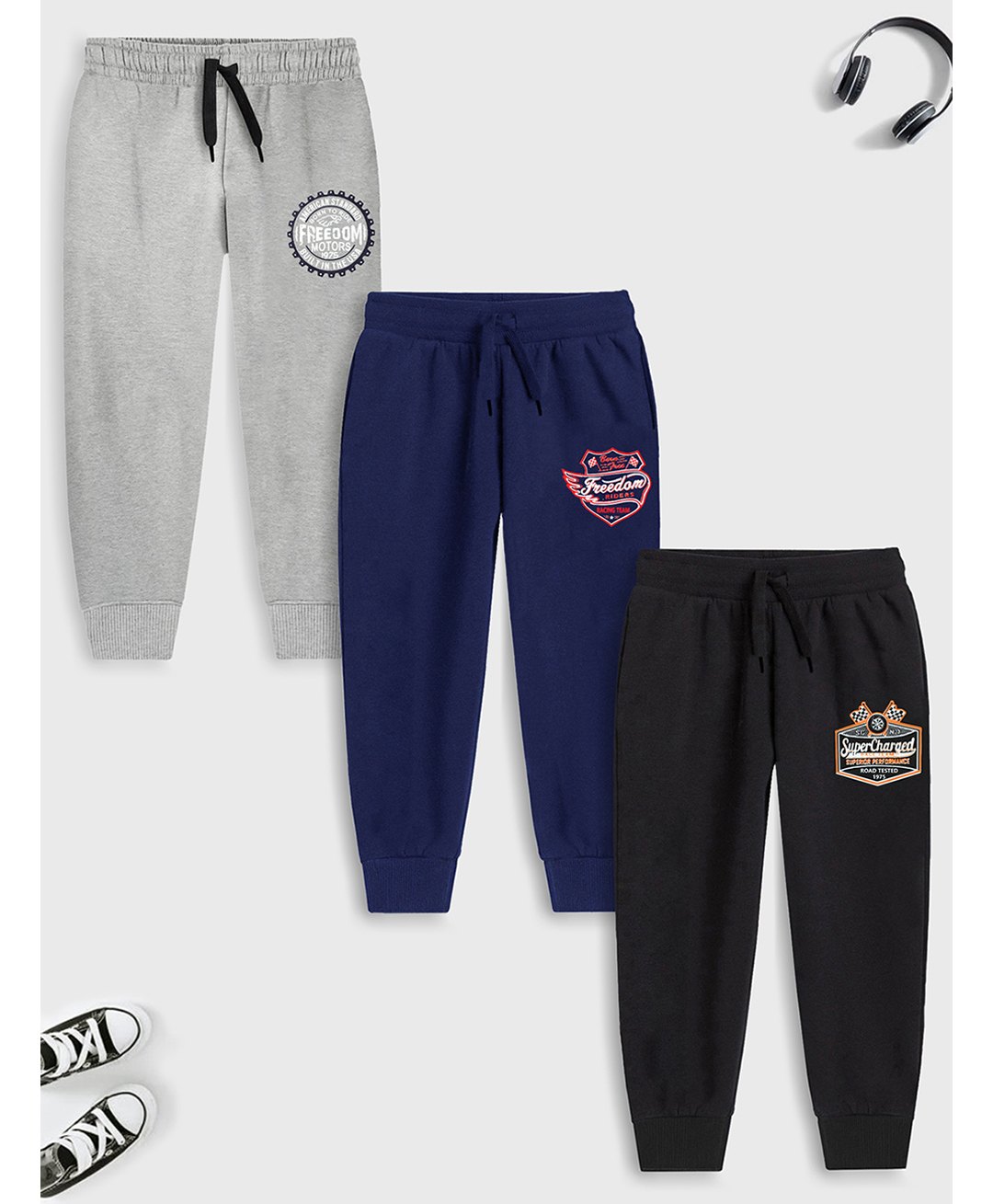 Trampoline Pack Of 3 Typography Printed Track Pants - Grey Blue & Black-picture-19