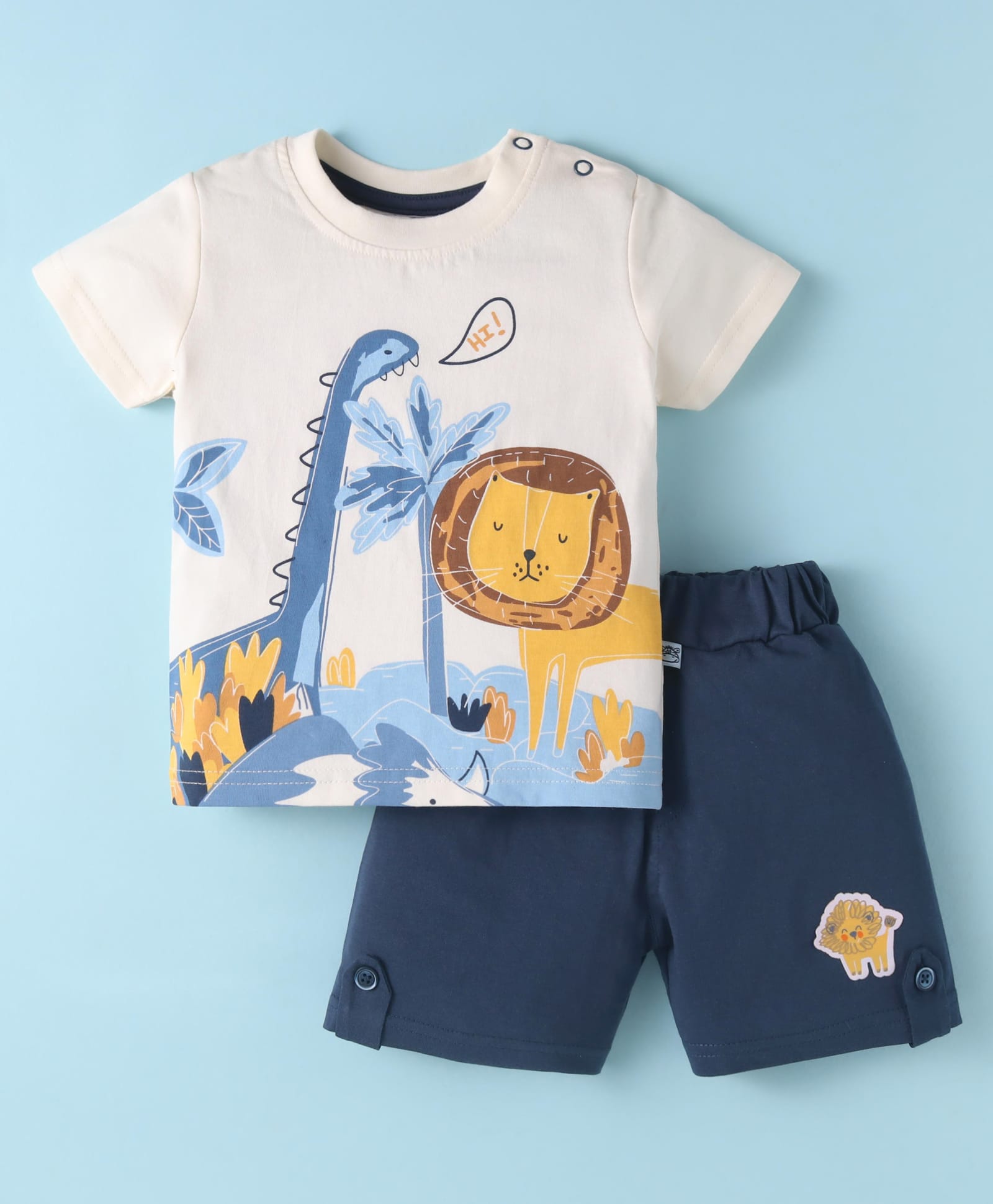 Mini Taurus Sinker Knit Half Sleeves T-Shirt & Shorts Set with Jungle Theme Print - Navy Blue-picture-11