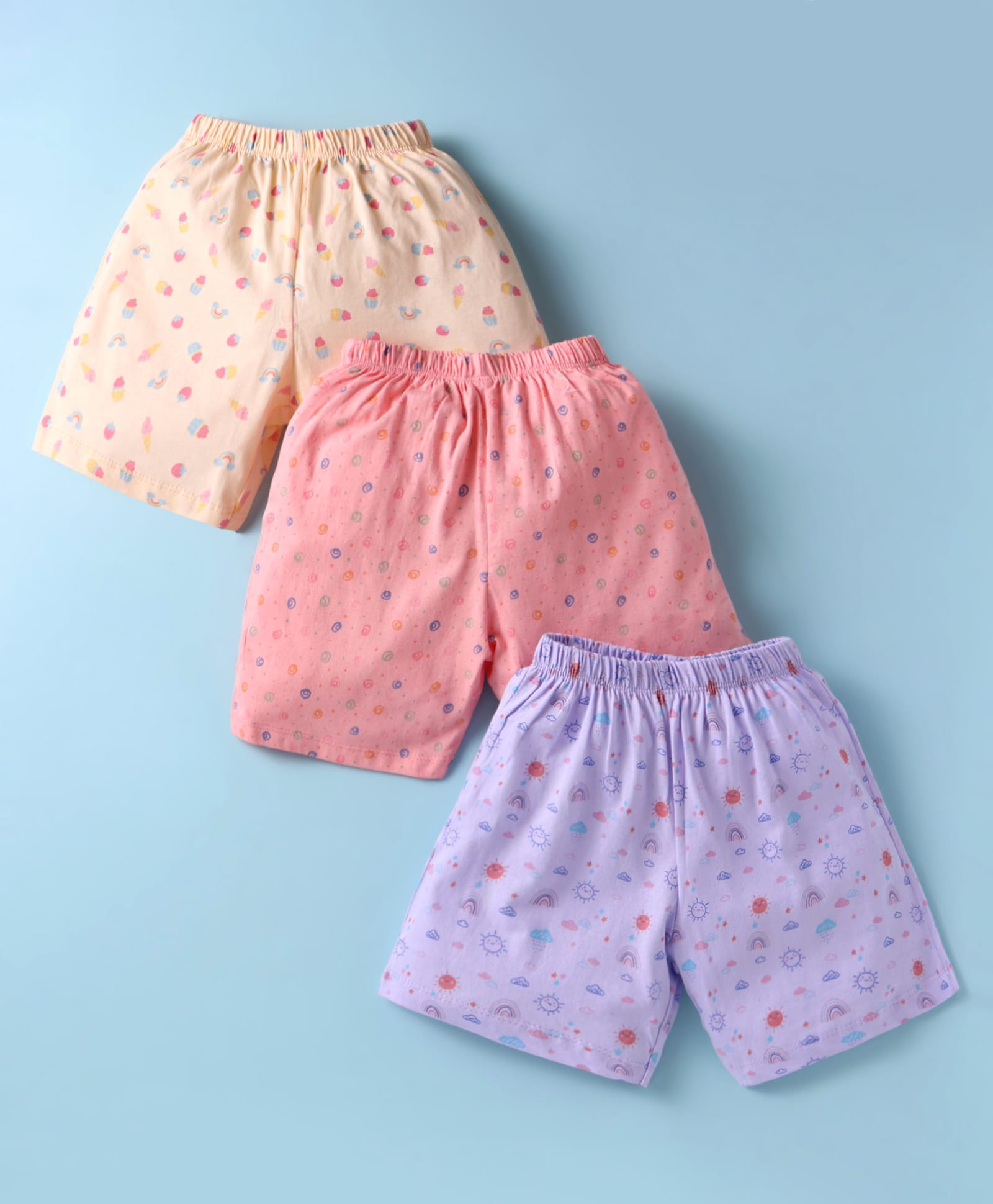 Simply Sinker Knit Knee Length Shorts with Sun Rainbow & Ice Ceam Print Pack of 3 - Pink Lilac & Peach-image-24
