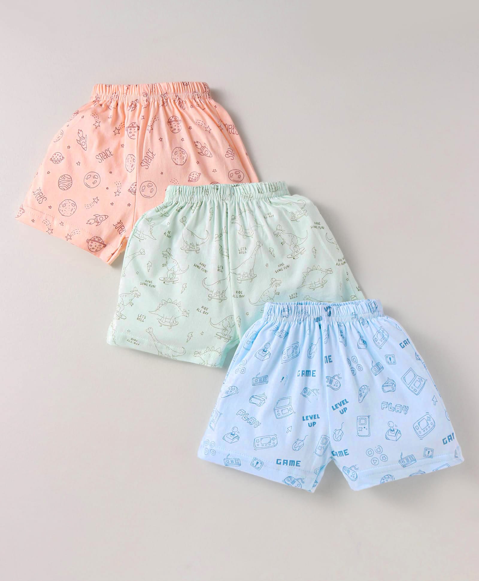 Simply Sinker Knit Knee Length Shorts With Space & Dino Print Pack Of 3 - Blue Mint & Peach-image-39