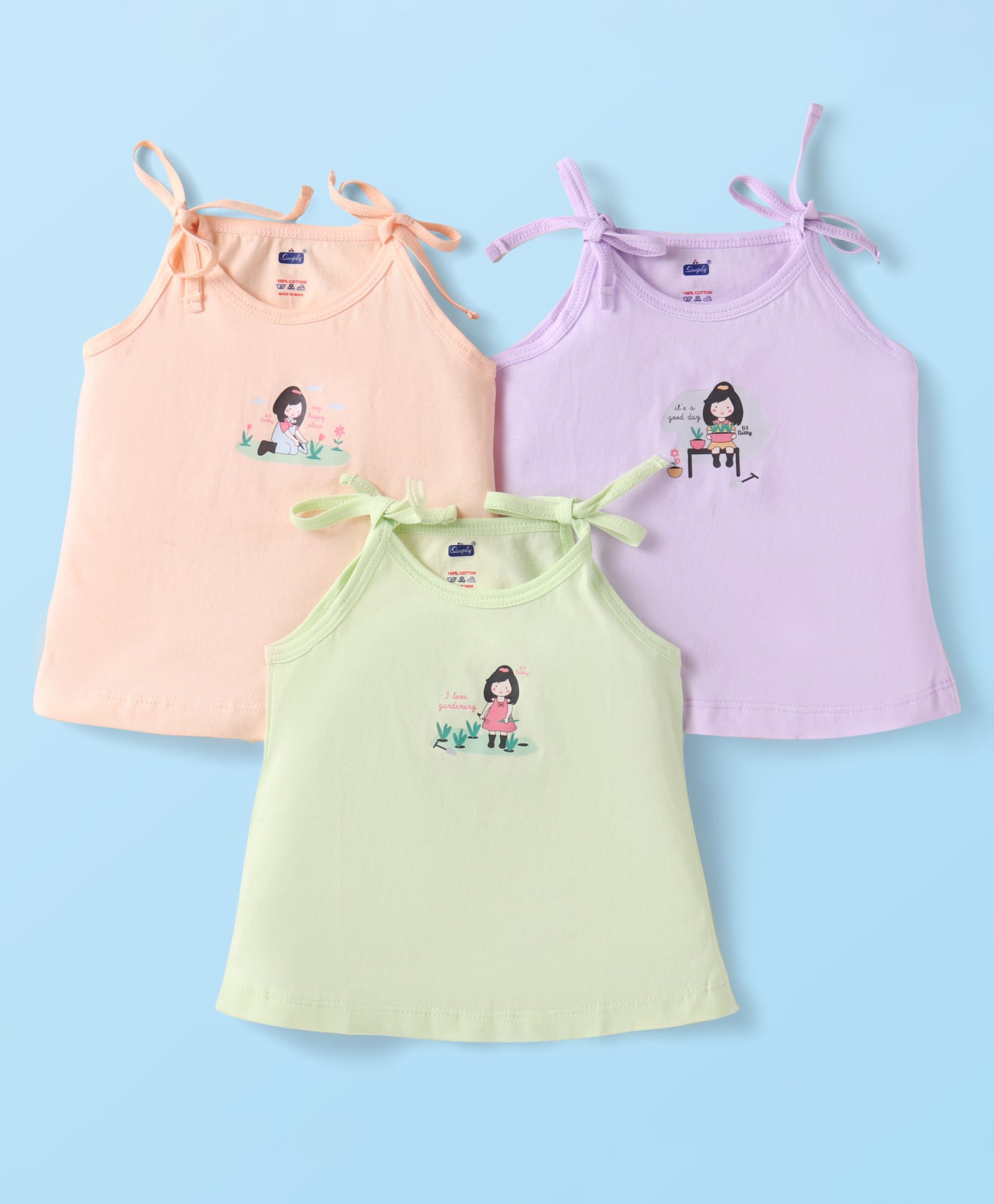 Simply Sinker Knit Singlet Sleeves Slips With Girl Print Pack of 3 - Peach Lime Green & Lilac-image-12