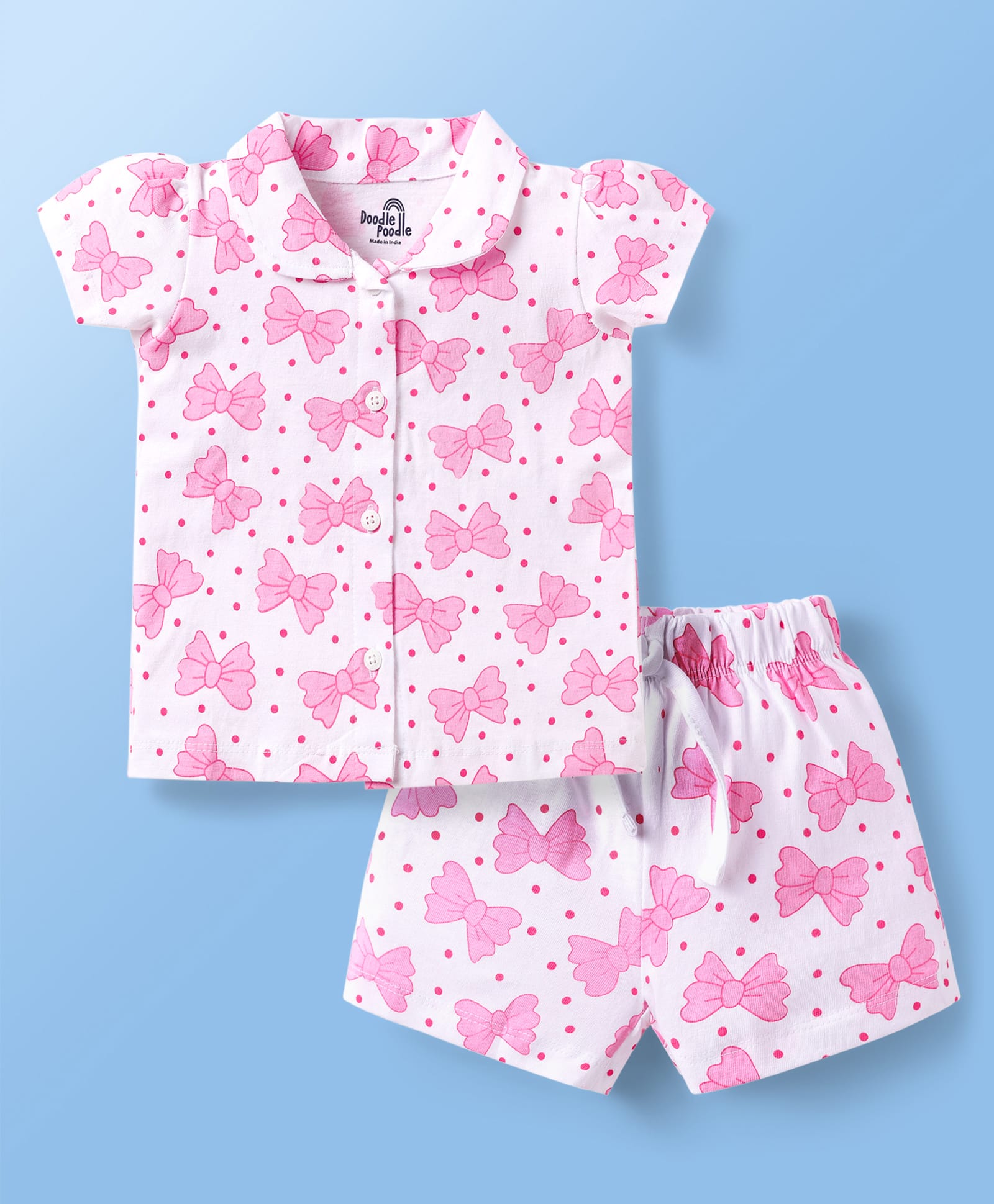 Doodle Poodle 100% Cotton Knit Half Sleeves Shorts Co-Ord Night Suit With Polka Dot & Bow Tie Print - White-image-43