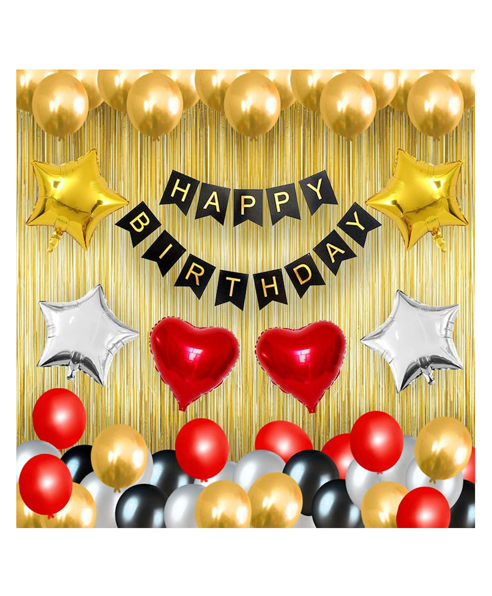 Bubble Trouble 59Pcs Golden Silver Black & Red Birthday Balloons Combo Set Black Happy Birthday Banner 2 Pcs Golden Curtain with HD 50 Metallic Latex Balloons & 4 Star 2 Heart Foil Balloons-picture-10