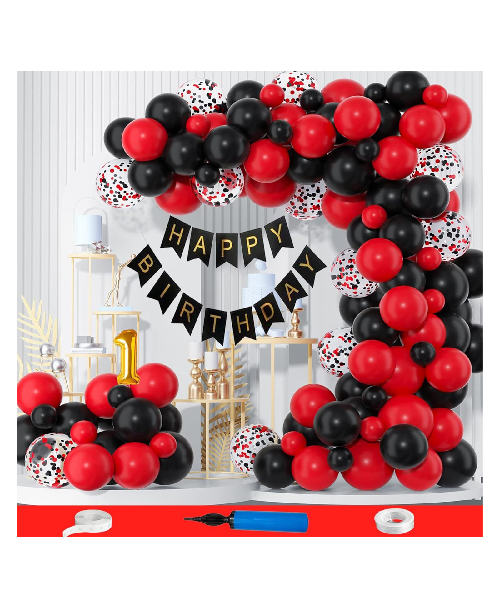 Bubble Trouble Balloon Theme First 1St Birthday Decoration Items For Boys Girls Party Decoration Kit Balloon Combo Pack Of 110 Pcs Red Black-image-46