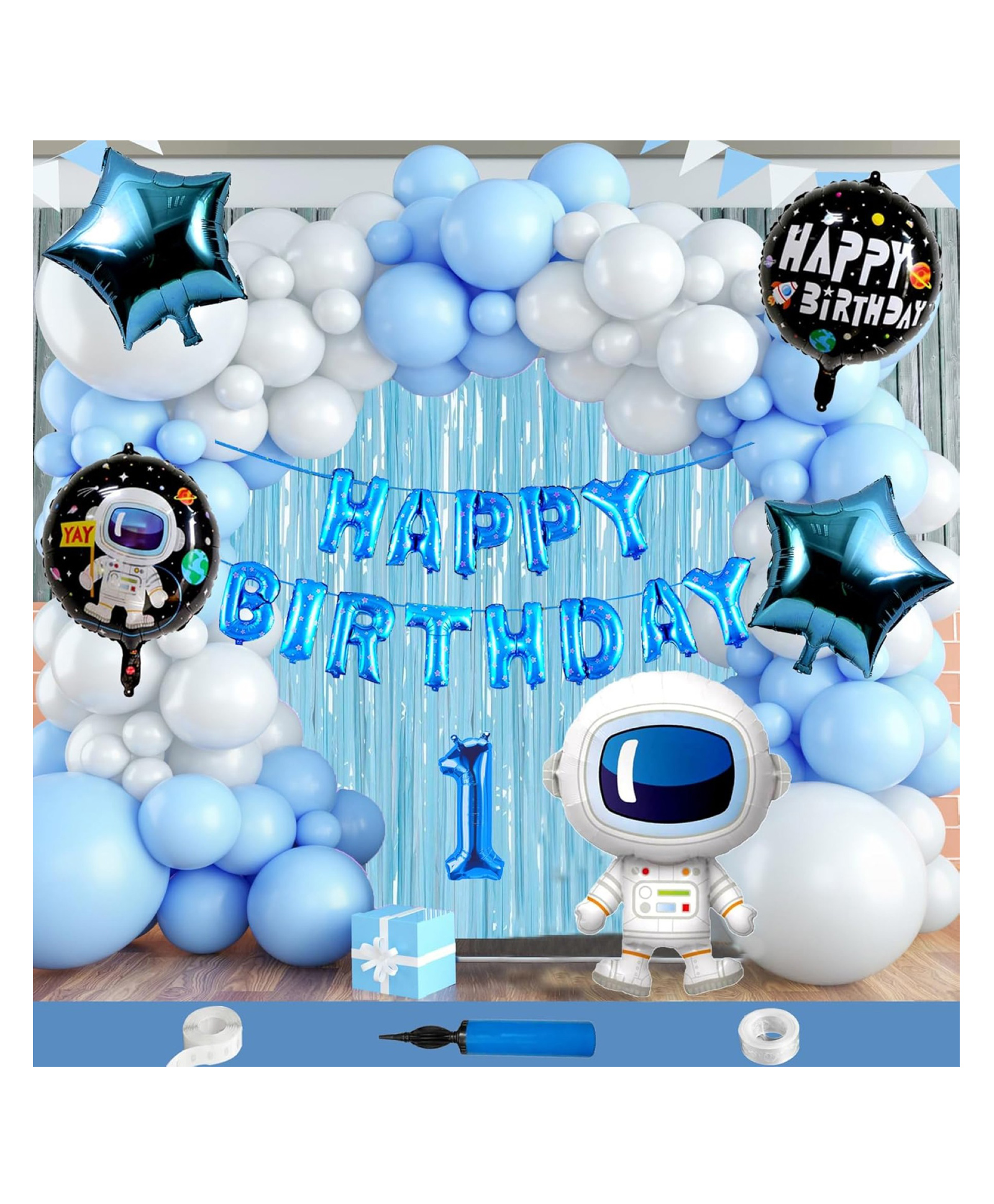 Bubble Trouble Astronaut Space Boy Theme First 1st Birthday Decoration Items For Boys Party Decoration Kit Balloon Combo Pack Of 112 Pcs Blue White-picture-17