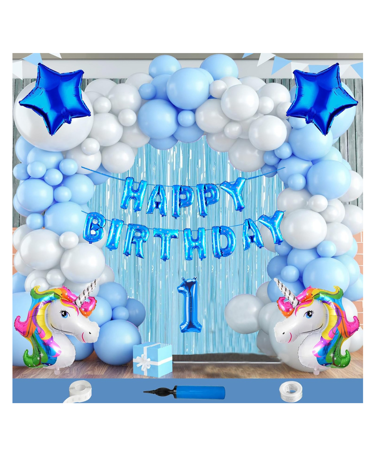 Bubble Trouble Unicorn Theme First 1st Birthday Decoration Items For Boys Party Decoration Kit Balloon Combo Pack Of 111 Pcs Blue White-picture-15