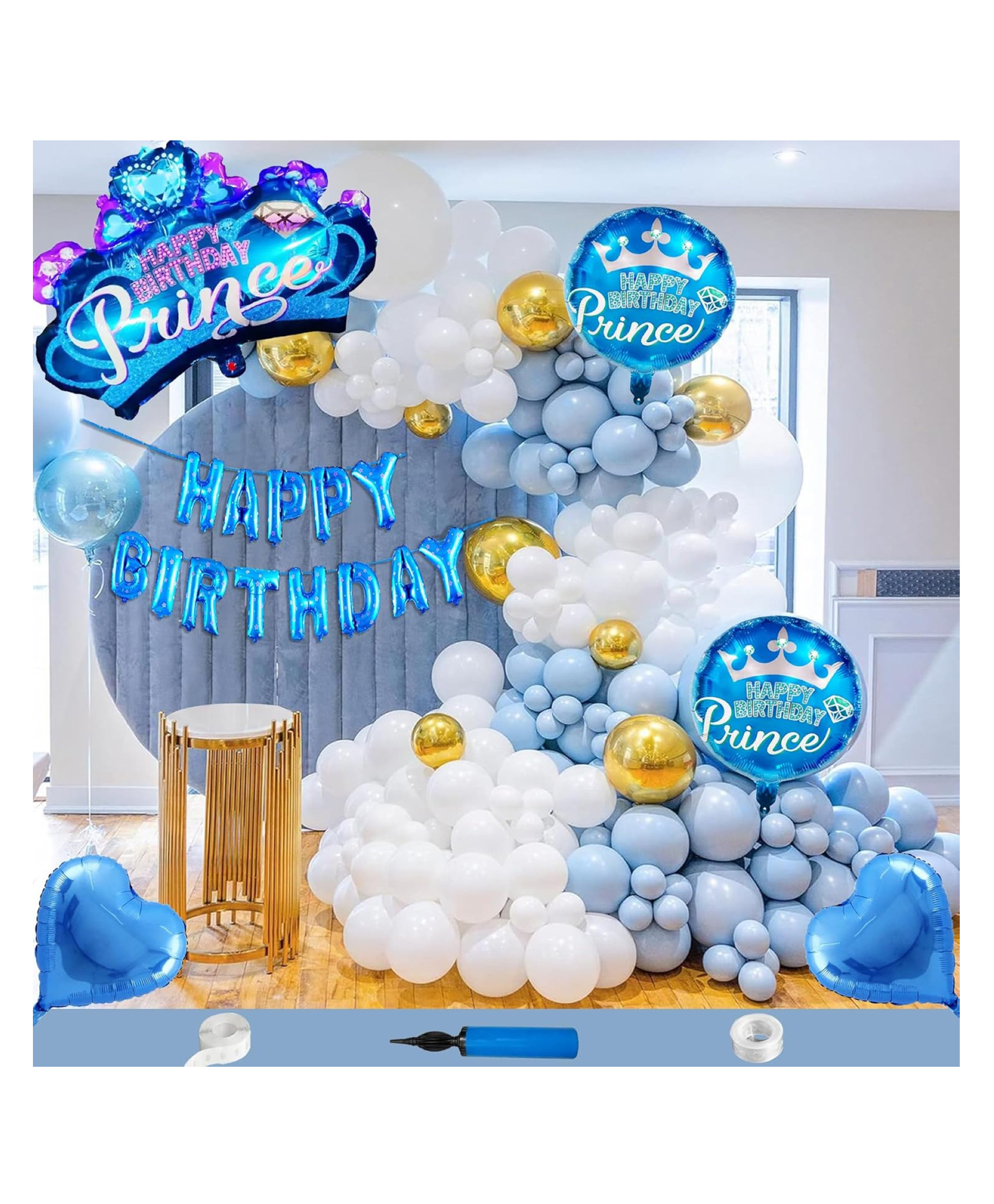 Bubble Trouble Prince Crown Theme Birthday Decoration Items For Boys Party Decoration Kit Balloon Combo Pack Of 134 Pcs Blue White Gold-picture-14