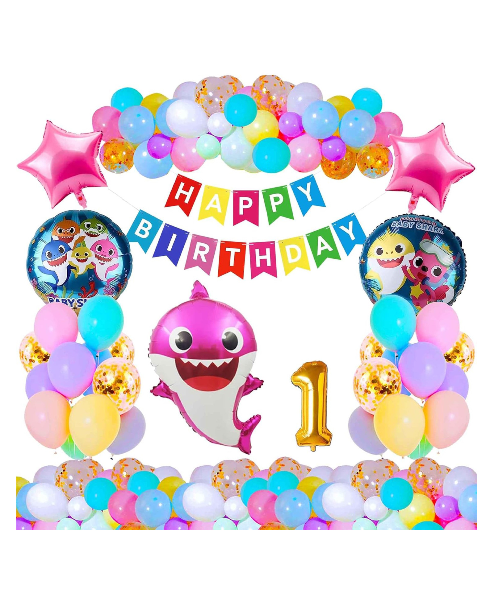 Bubble Trouble Baby Shark Theme First 1st Birthday Decoration Items For Girls Party Decoration Kit Balloon Combo Pack Of 37 Pcs Multicolor-image-23