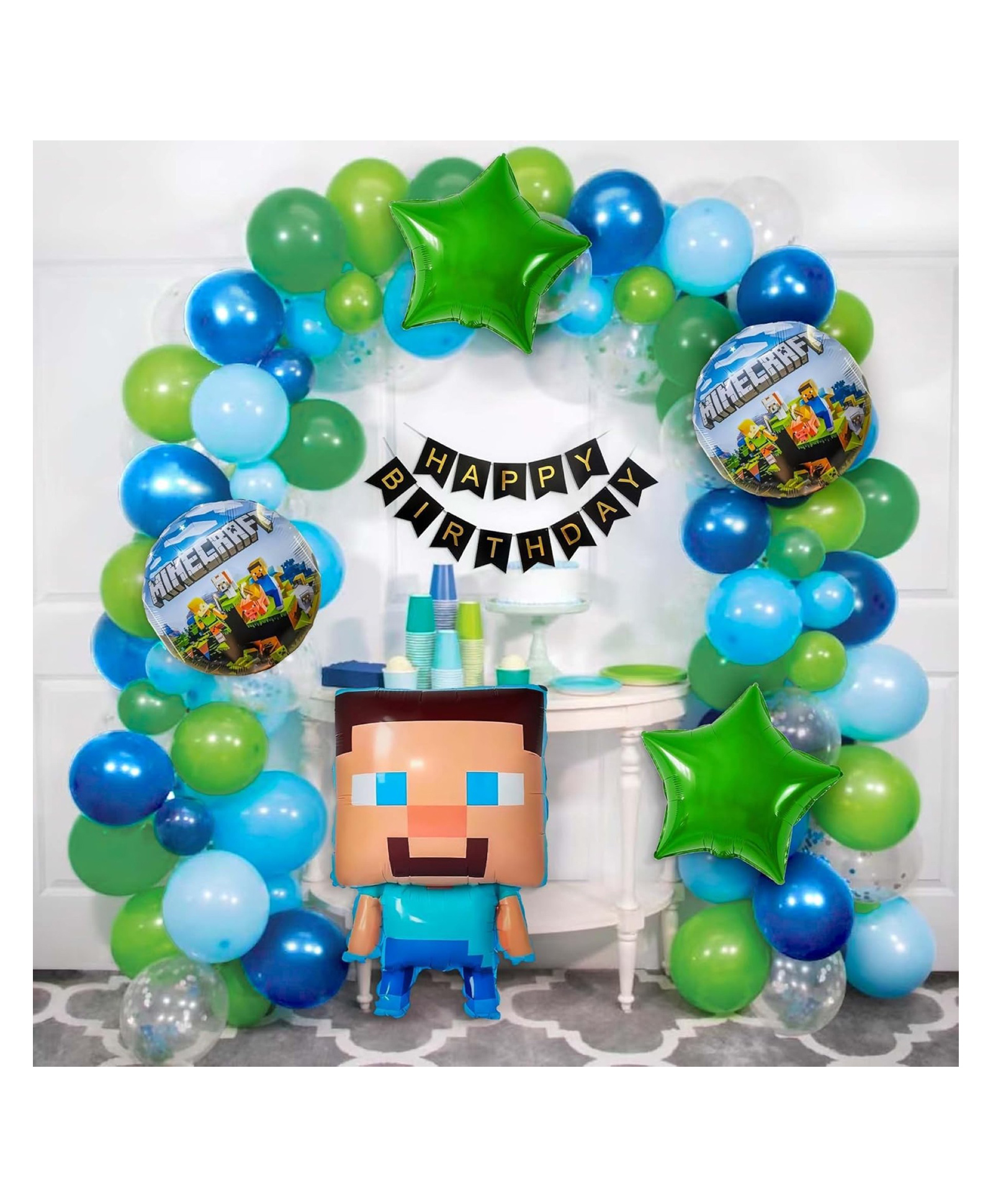 Bubble Trouble Minecraft Foil Balloon set 15 Pastel Blue Balloons 15 Lime Green Balloons 15 Metallic Green Balloons 15 Metallic Blue Balloons-image-0