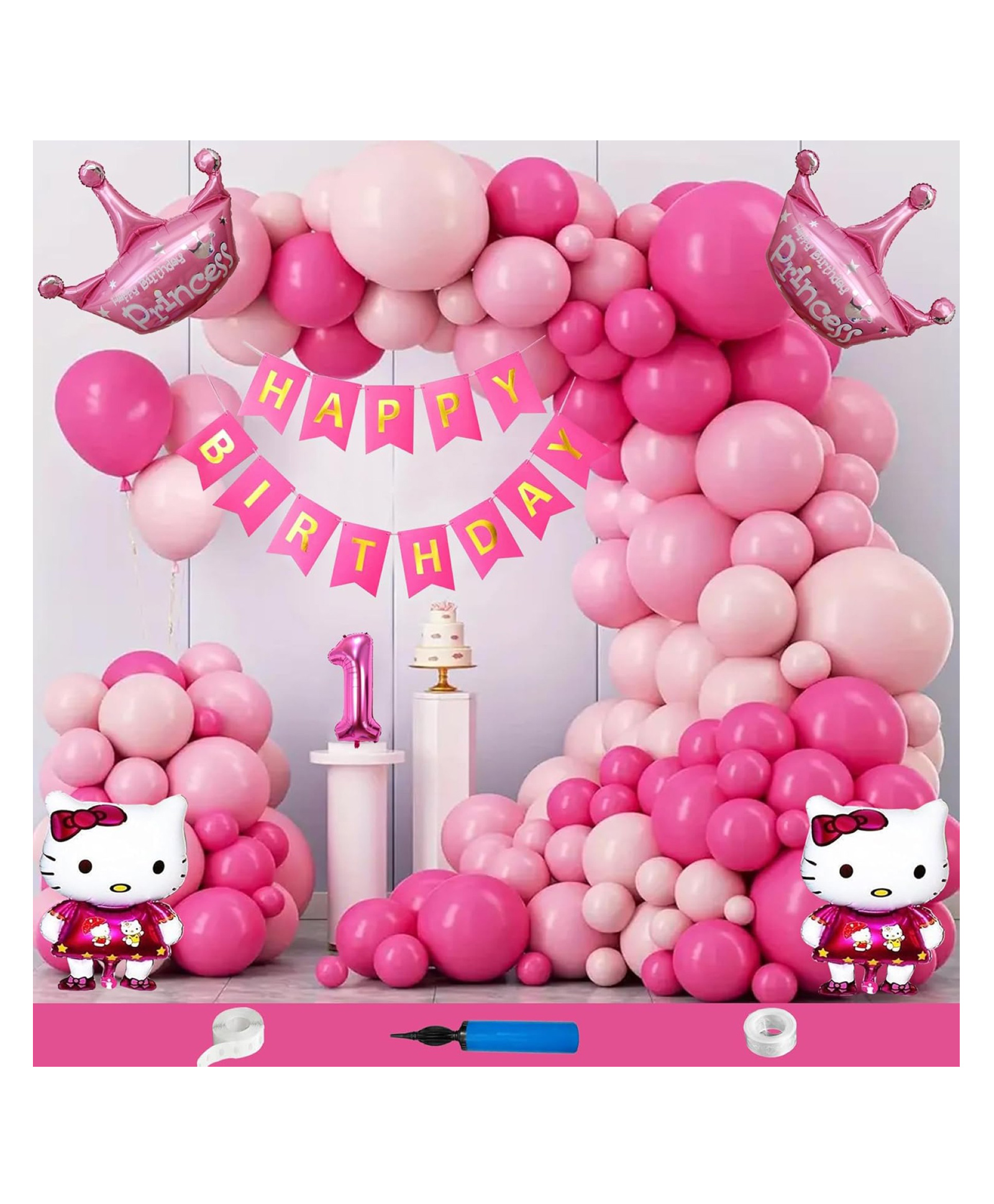 Bubble Trouble Hello Kitty Princess Crown Theme First 1st Birthday Decoration Items For Girls Party Decoration Kit Balloon Combo Pack Of 109 Pcs Pink Magenta-image-36