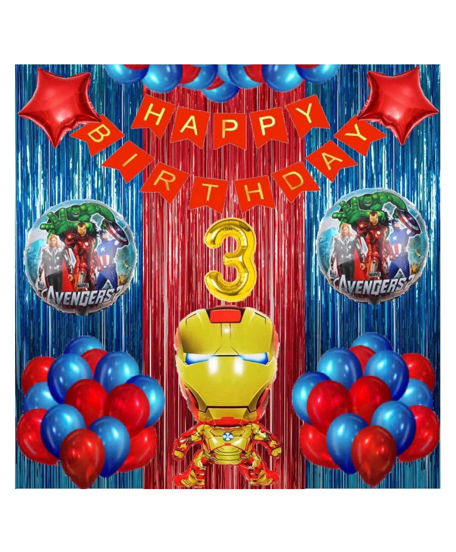 Bubble Trouble No 3 Gold Balloons with Iron Man Theme Birthday Decoration Items or Kit Red Paper Banner(Cardstock) Set of 13 Letters with 30 HD Royal Blue & Red Metallic Balloons celebration-image-33