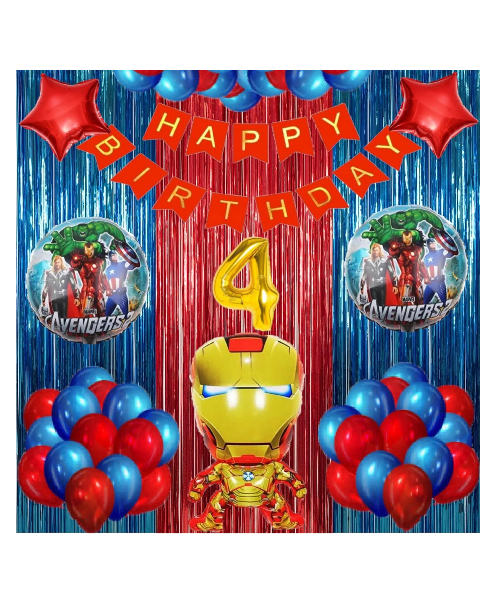 Bubble Trouble No 4 Gold Balloons with Iron Man Theme Birthday Decoration Items or Kit Red Paper Banner(Cardstock) Set of 13 Letters with 30 HD Royal Blue & Red Metallic Balloons celebration-image-35