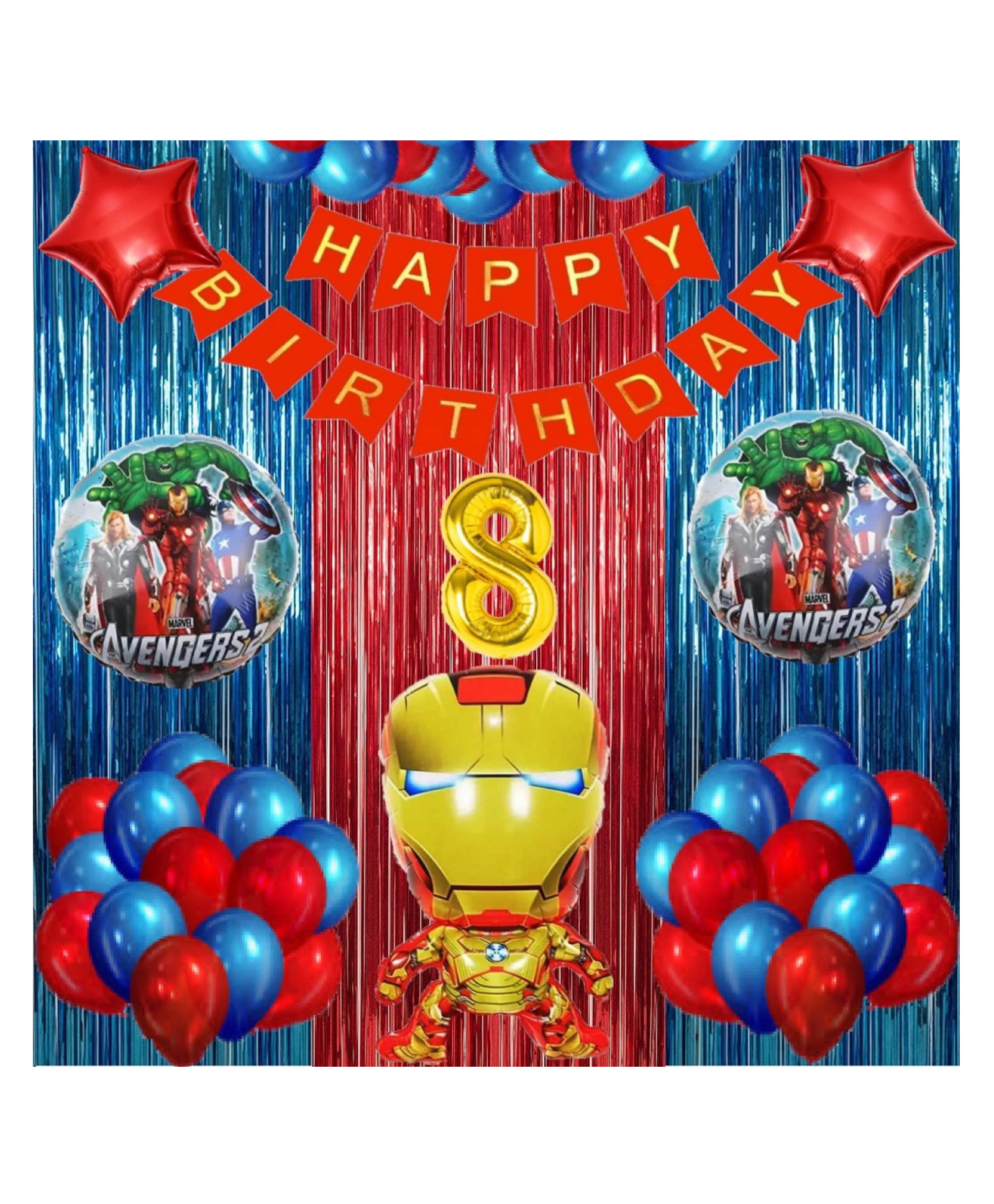 Bubble Trouble No 8 Gold Balloons with Iron Man Theme Birthday Decoration Items or Kit Red Paper Banner(Cardstock) Set of 13 Letters with 30 HD Royal Blue & Red Metallic Balloons celebration-image-34