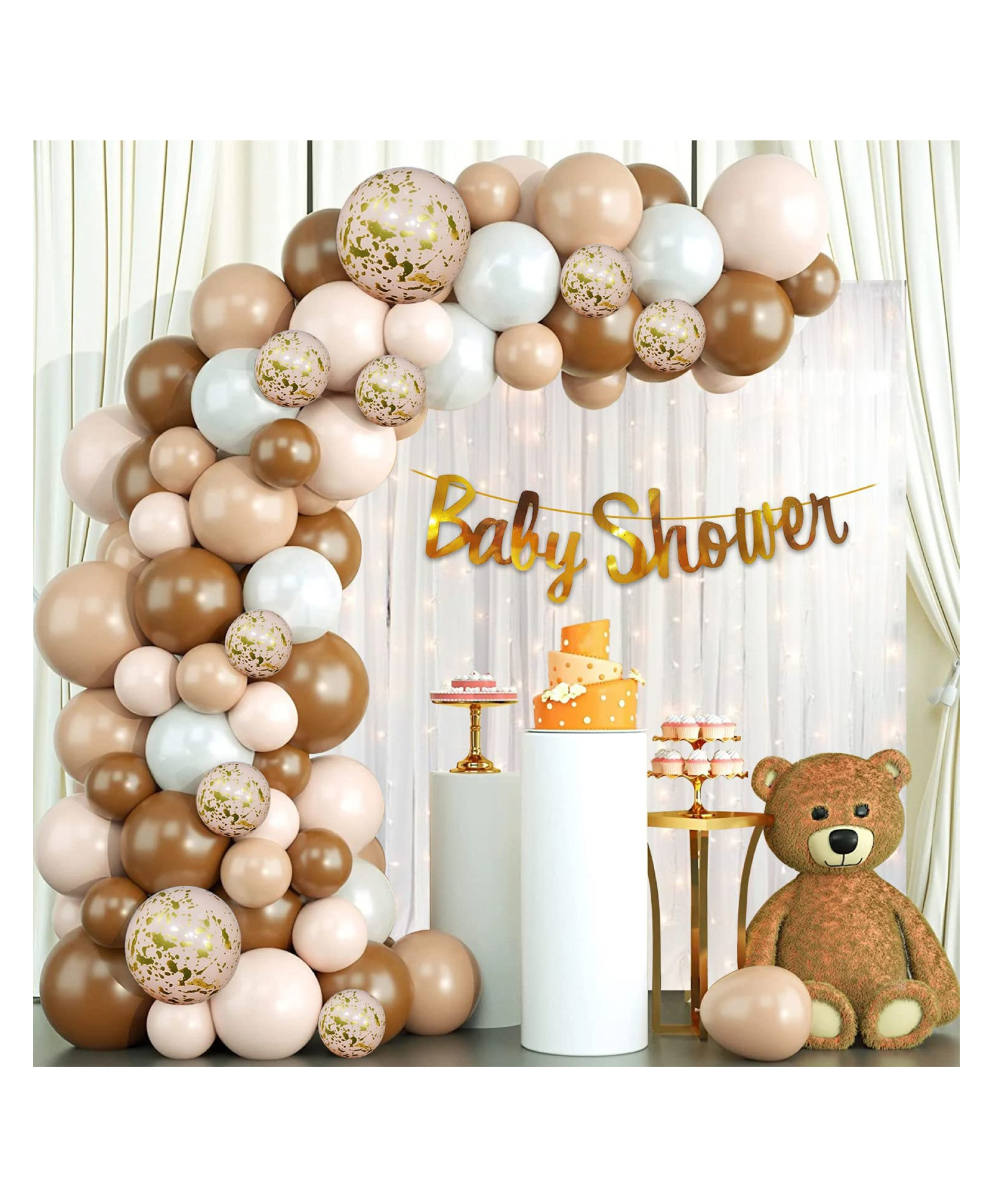 Bubble Trouble Baby Shower Decoration Items 44Pcs Baby Shower Decorations | Mom To Be Decoration Items Set | Baby Shower Banner (Cardstock) | With Pastel Balloons White Net Curtains & Led Light-image-47