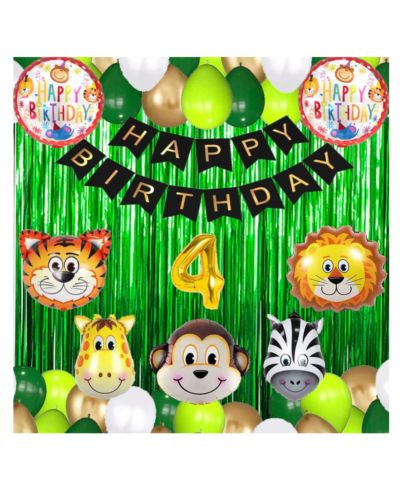 Bubble Trouble 4 Gold Balloons with Jungle Theme Birthday Decoration Items or Kit Black Paper Banner(CSet of 13 Letters with 40 HD Metallic Dark Green Light Green White & Gold Balloons-image-32