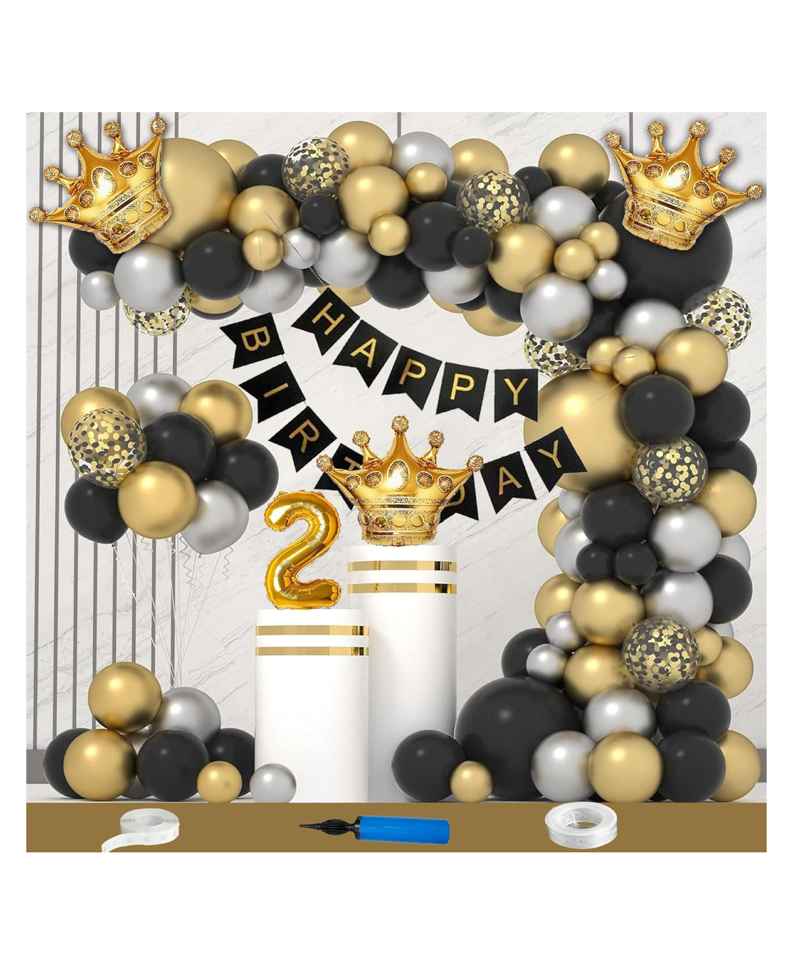 Bubble Trouble Crown Theme Second 2nd Birthday Decoration Items For Boys Girls Party Decoration Kit Balloon Combo Pack Of 73 Pcs Black Gold Silver-image-34