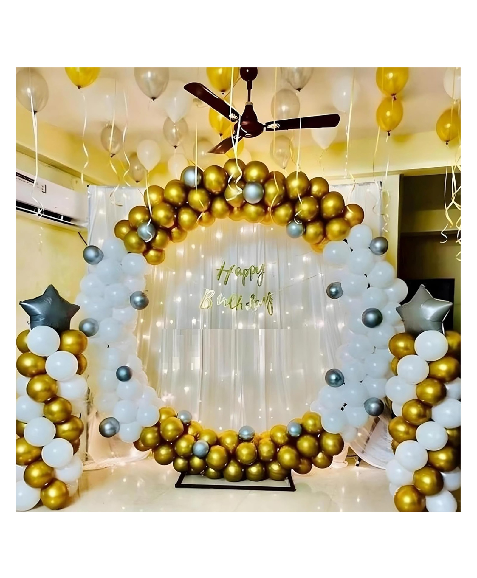 Bubble Trouble Happy Birthday Decoration Items For Baby Boys Girls Husband Wife | 72pcs Balloons 2pcs Net 1pc Banner Light Ribbon Arch Tape Glue Dots For Party (Golden White Silver | Pack of 79)-image-37