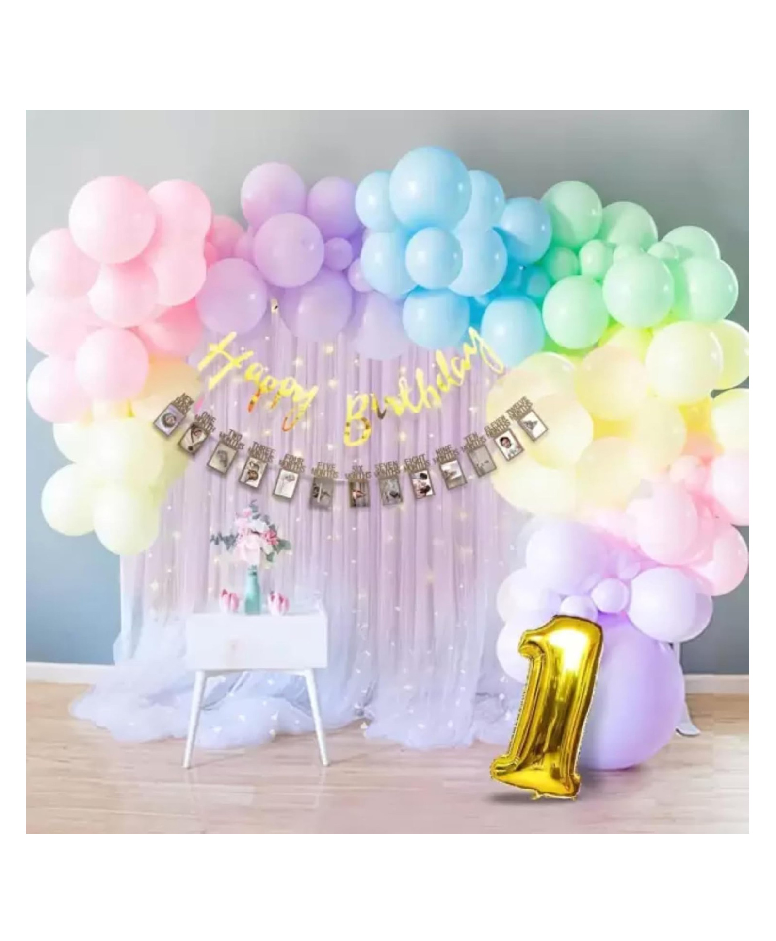 Bubble Trouble Rainbow Theme 1st Birthday Decorations Kit Backdrop Net Decoration DIY Kit Set of 60-image-45